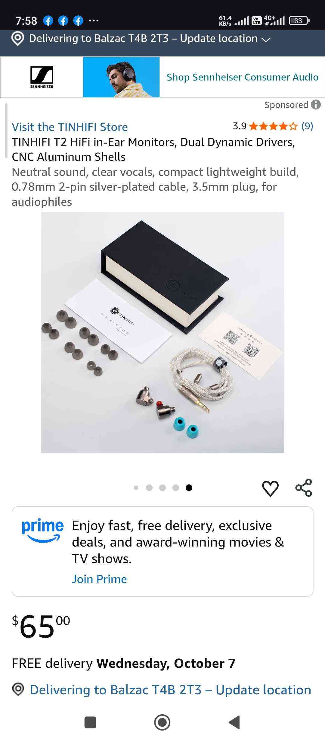 🔥🎮 TIN HiFi T2 — صوت احترافي بسعر رهيب! 🎧🔥
💥 2 Dynamic Drivers (2DD) 💥
🔊 10mm Woofer للباس والترددات المنخفضة
🎯 6mm Tweeter للتفاصيل والترددات العالية �
Linsoul Audio
👣 للـGaming؟ تسمع الخطوات والحركة بوضوح!
🎯 تساعدك تميّز اتجاه الخصم
🔫 تفاصيل الطلقات والأصوات داخل اللعبة تكون واضحة
🎧 صوت متوازن ومفصل
🎵 وممتازة أيضاً للموسيقى
💰🔥 السعر فقط 30,000 دينار! 🔥💰
🚚 متوفر توصيل
📩 للحجز: خاص أو واتساب
📱 ***********
😈🎮 خطوة الخصم ما تفوتك… اسمع، حدّد، واهجم! 🔥🎧 بغداد, العراق

نص مكتوب في الصور:
- 7:58 f f f 61.4 KB/s LTE 4G+ 33 Delivering to Balzac T4B 2T3 - Update location Shop Sennheiser Consumer Audio Sponsored 3.9 (9) Visit the TINHIFI Store TINHIFI T2 HiFi in-Ear Monitors, Dual Dynamic Drivers, CNC Aluminum Shells Neutral sound, clear vocals, compact lightweight build, 0.78mm 2-pin silver-plated cable, 3.5mm plug, for audiophiles prime Enjoy fast, free delivery, exclusive deals, and award-winning movies & TV shows. Join Prime $65 00 FREE delivery Wednesday, October 7 Delivering to Balzac T4B 2T3 - Update location