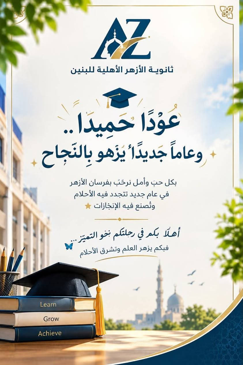 #فرصة🌟
#تستثمر_ابنك_وفلوسك

لأولياء أمور وطلاب الخامس الإعدادي
 (العلمي - الأدبي)
🎓🎓🎓🎓🎓🎓🎓
لا تنتظروا حتى يبدأ ضغط السادس… ابدأوا من الآن.

✨ #الخطة_الأزهرية 
تمنح الطالب فرصة دراسة منهج السادس الإعدادي على مدى سنتين متتاليتين
ليكون التعلم بالفهم والثقة وليس بالضغط والاستعجال.

✅ استيعاب أفضل للمنهج.
✅ تقليل الضغط النفسي على الطالب.
✅ تخفيف العبء المادي على الأسرة.
✅ استعداد أقوى لتحقيق أفضل النتائج بإذن الله.

هذه ليست مجرد دورة…
بل فرصة حقيقية لبناء مستقبل ابنكم من اليوم.

⚠️ لا تضيعوا هذه الفرصة… فالبداية المبكرة تصنع الفرق.

📅 غدًا #السبت متواجدين للإجابة عن جميع استفساراتكم وبدء تثبيت الحجوزات.
احجزوا مقعدكم قبل اكتمال العدد 🎓
ثانوية الأزهر الأهلية للبنين
***********

نص مكتوب في الصور:
- العنوان التحرير الأوقاف
- خلف سيطرة المعهد التقني
- AZ ثانوية الأزهر الأهلية للبنين عَوْدًا حَمِيدًا .. وعاماً جديداً يَزْهُو بِالنَّجاح بكل حب وأمل نرحب بفرسان الأزهر في عام جديد تتجدد فيه الأحلام وتُصنع فيه الإنجازات أهلاً بكم في رحلتكم نحو التميز... فبكم يزهر العلم وتشرق الأحلام Learn Grow Achieve