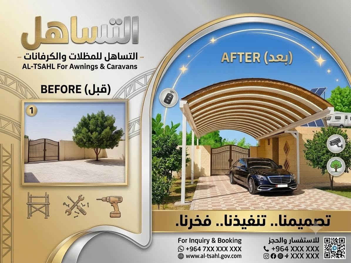 جوده عالية أسعار💵تنافسيه مع خصم للمساحات الكبيره
احمي بيتك من الشمس☀والامطار💦
***********تصال او 📞. واتساب📳

يوجد لدينا قمريات باسعار مناسبه وشغل درجه اولى عازل للحراره ضمان 10 سنوات للعمل  الشغل كافه المحافظات ,ويوجد كادر مختص للعمل وشغل درجة اولة متساهلين بل اسعار مناسبة جدا جدا

نص مكتوب في الصور:
- الحل الأمثل لحرارة الصيف! قبل بعد شركة التساهل للمظلات والكرفانات تصاميمنا عصرية ومقاومة لعوامل المناخ ***********
- NOTE 40 Pro
- 24mm f/1.75 1/973s ISO50
- التساهل - التساهل للمظللات والكرفانات - AL-TSAHL For Awnings & Caravans BEFORE (قبل) 1 AFTER (بعد) تصميمنا.. تنفيذنا.. فخرنا. For Inquiry & Booking +964 7XX XXX XXX www.al-tsahl.gov.com للاستفسار والحجز +964 XXX XXX @ + XXX XXX