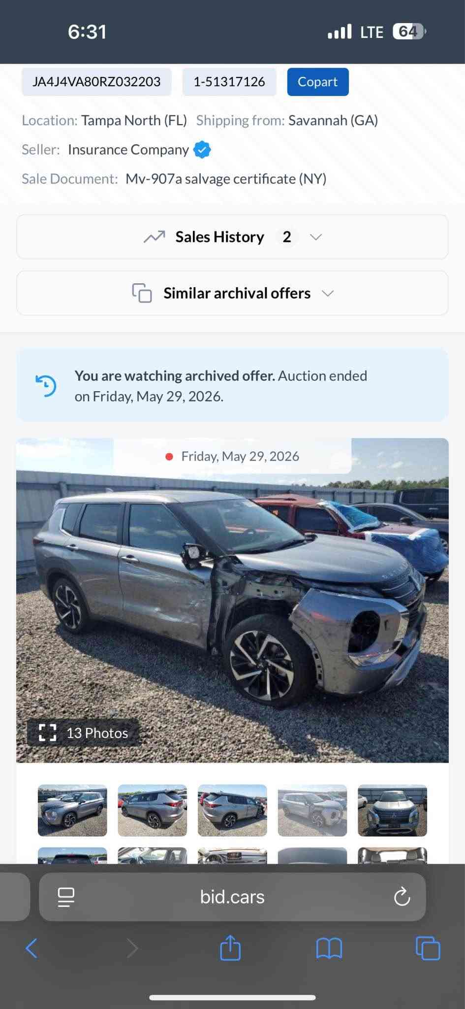 mitsubishi outlander 2024 (دەبل ئەکسل)
- مستەربۆشی ئاوتلاندەر مۆدیل ٢٠٢٤ قەپات مواسەفات دەبل ئەکسل و پانۆراما گیچ ئەلیکترۆنی   l🇯🇵🇯🇵
- ١٥ هەزار ڕۆیشتووە زۆر خاوێنە بی مەسروف👌
- پێش پشت کەپسە فەقەد دووپارچەی بۆیاغە بی ژووری بی ئیرباگ ئیرباگی شانیش بەشەرت 👌🔥
- مواسەفات SE فول و قەپات ☺️ ( کوشن گەرمە  ، ٣ مەقعەد ، شاشە ئەلیکترۆنی ، کامیرا ٣٦٠ ، شەغال ، ئاوێنە رادار و حەساس پشت و پێش زۆری تریش…….
- رەقەم کاتی نەشکاوە  …
- سعری ٢٢٧ وەرەقە و کەمەک مەجال تەحەدای بازار ☺️🔥🔥
- بۆ پەیوەندی : *********** أربيل, العراق

نص مكتوب في الصور:
- 6:31 LTE 64 JA4J4VA80RZ032203 1-51317126 Copart Location: Tampa North (FL) Shipping from: Savannah (GA) Seller: Insurance Company Sale Document: Mv-907a salvage certificate (NY) Sales History 2 Similar archival offers You are watching archived offer. Auction ended on Friday, May 29, 2026. Friday, May 29, 2026 13 Photos bid.cars
- 6:32 LTE 64 JA4J4VA80RZ032203 1-51317126 Copart Location: Tampa North (FL) Shipping from: Savannah (GA) Seller: Insurance Company Sale Document: Mv-907a salvage certificate (NY) Sales History 2 Similar archival offers You are watching archived offer. Auction ended on Friday, May 29, 2026. Friday, May 29, 2026 13 Photos bid.cars