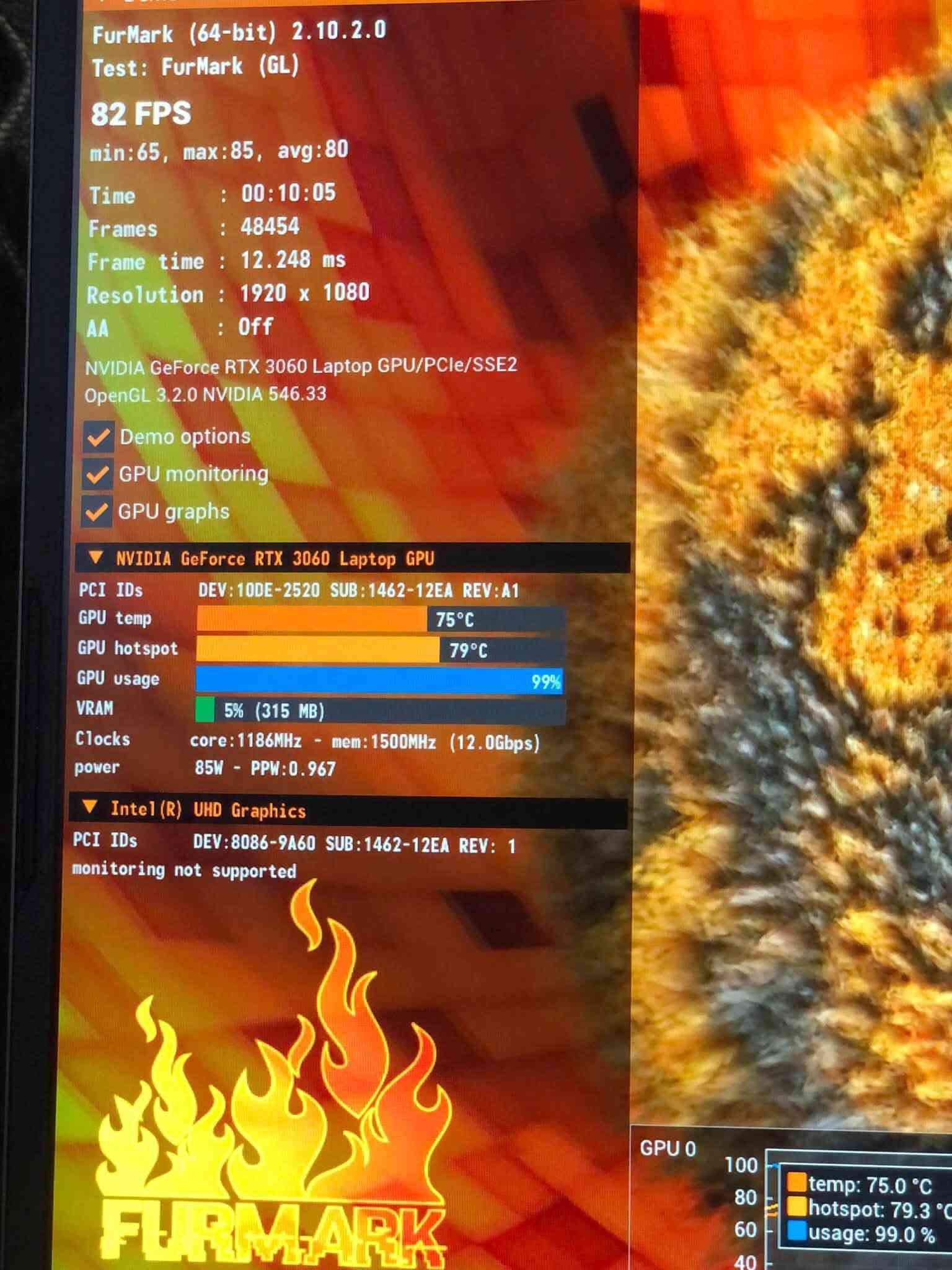 اسلام عليكم
لابتوب msi GL66♦️
🔺i7 11800H
🔻16 3200
🔺ssd 512
🔻Rtx 3060 6g
🔺144hz
🔹الابتوب نضيفه ومكفوله من الشخوط والكسور 
🔹حراره الكرت جداً طبيعيه 
🔹سعره مليون و٧٥ الف وبي مجال قليل 
🔹مكاني الموصل 
🔹ضمان ٣ ايام (فقط ب موصل)
🔹موجود توصيل 

🔻تواصل🔺
 خاص 📩
واتس ***********✉️

نص مكتوب في الصور:
- FurMark (64-bit) 2.10.2.0 Test: FurMark (GL) 82 FPS min:65, max:85, avg:80 Time : 00:10:05 Frames : 48454 Frame time : 12.248 ms Resolution : 1920 x 1080 AA : Off NVIDIA GeForce RTX 3060 Laptop GPU/PCIe/SSE2 OpenGL 3.2.0 NVIDIA 546.33 Demo options GPU monitoring GPU graphs NVIDIA GeForce RTX 3060 Laptop GPU PCI IDs DEV:10DE-2520 SUB:1462-12EA REV:A1 GPU temp 75°C GPU hotspot 79°C GPU usage 99% VRAM 5% (315 MB) Clocks core:1186MHz - mem:1500MHz (12.0Gbps) power 85W - PPW:0.967 Intel(R) UHD Graphics PCI IDs DEV:8086-9A60 SUB:1462-12EA REV: 1 monitoring not supported GPU 0 temp: 75.0 °C hotspot: 79.3 °C usage: 99.0 %