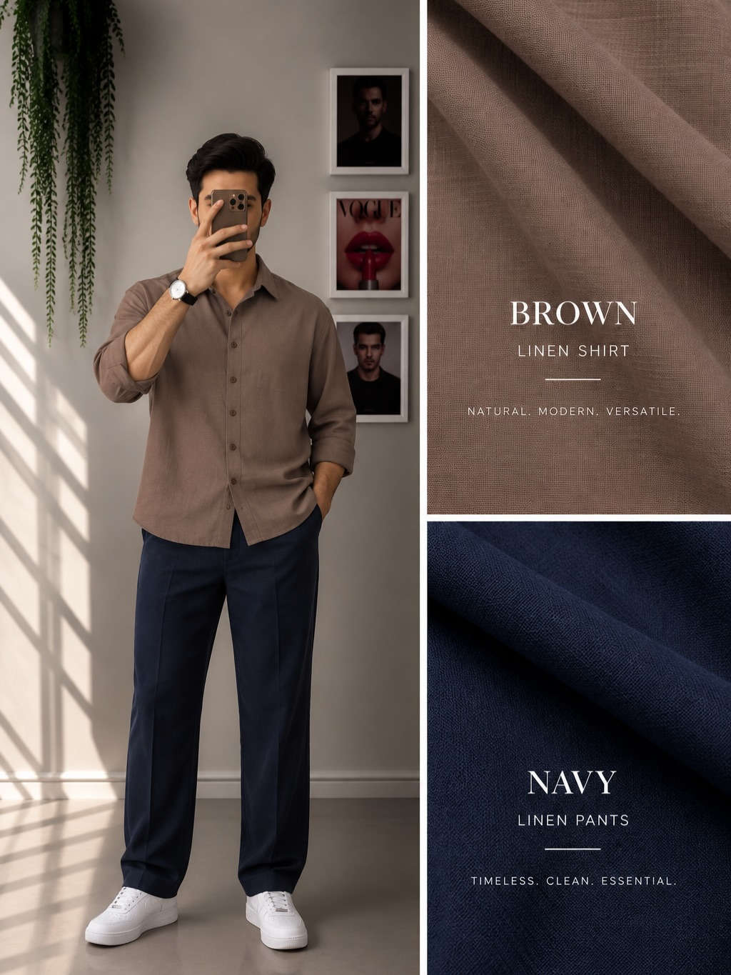 نساعدك تكون بكامل اناقتك✨

نص مكتوب في الصور:
- LIGHT BLUE LINEN SHIRT RELAXED. MODERN. VERSATILE. BEIGE LINEN PANTS NATURAL. TIMELESS. REFINED.
- BROWN
- LINEN SHIRT
- NATURAL. MODERN. VERSATILE.
- NAVY
- LINEN PANTS
- TIMELESS. CLEAN. ESSENTIAL.
- BLACK
- GREY TAUPE
- BEIGE LINEN SHIRT RELAXED. MODERN. VERSATILE. BLACK LINEN PANTS TIMELESS. CLEAN. ESSENTIAL.
- BROWN LINEN SHIRT NATURAL. MODERN. VERSATILE. BLACK LINEN PANTS TIMELESS. CLEAN. ESSENTIAL.