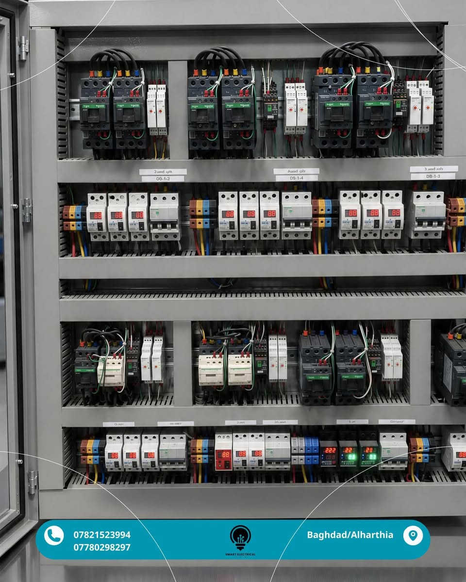 ⁨	⚡️ لأن كل مشروع ناجح يبدأ بسيطرة كهربائية موثوقة.
نقدم خدمات تصميم وتصنيع بوردات السيطرة الكهربائية بأعلى معايير الجودة والدقة، لتناسب احتياج مشروعك مهما كان حجمه.

✅ بوردات ATS أوتوماتيكية
✅ بوردات تشغيل وحماية المحركات
✅ تصميم وتنفيذ حسب الطلب
✅ مكونات أصلية من أفضل الماركات
✅ فحص وتجربة كاملة قبل التسليم
✅ دعم فني واستشارة هندسية

إذا تبحث عن جودة، أمان، واعتمادية… تواصل ويانه وخلي تنفيذ مشروعك بإيد مختصين.

📩 راسلنا الآن للاستفسار أو طلب عرض سعر
***********
***********

#كهرباء #بوردات_كهربائية #هندسة_كهربائية

نص مكتوب في الصور:
- *********** *********** SMART ELECTRICAL Baghdad/Alharthia
- *********** 0780298297 SMART ELECTRICAL Baghdad/Alharthia