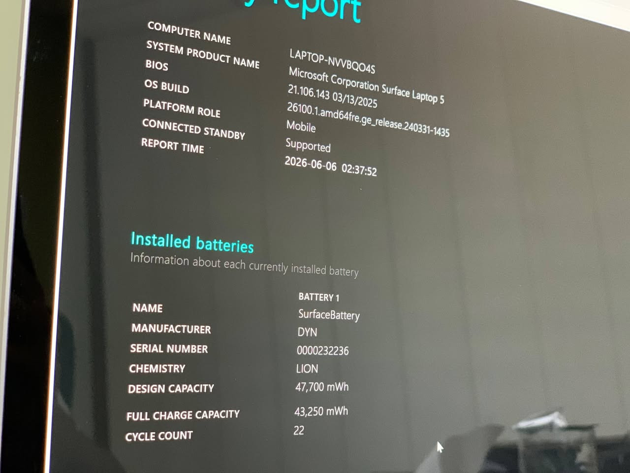 🔥💻 بۆ فرۆشتن | Microsoft Surface Laptop 5 💻🔥
✨ جوانی، خێرایی و شێوازی Premium لە یەک لاپتۆپدا!

🚀 Processor: Intel® Core™ i5 – 12th Gen (i5-1235U)
🧠 RAM: 8GB
💾 Storage: 256GB SSD
🖥️ Display: شاشەی Touch ـی کوالێتی بەرز
🎨 Graphics: Intel® Iris® Xe Graphics
🪟 Windows 11
🔋 Battery Cycle: تەنها 22 Cycle
🔋 Battery Health: نزیکەی 91٪

✨ دۆخی لاپتۆپ: زۆر پاک و جوان، ئامادەی بەکارهێنانە.

⚡ کارپێکردنی بەهێز و خێرا
🎓 گونجاو بۆ خوێندن و کار
💼 گونجاو بۆ ئۆفیس و کاروبار
🌐 گونجاو بۆ ئینتەرنێت و بەکارهێنانی ڕۆژانە
🎬 گونجاو بۆ فیلم و میدیا

🔥 ئەگەر لاپتۆپێکی جوان، سووک و Premium دەگەڕێیت، ئەمە هەڵبژاردەیەکی زۆر باشە.

📞 بۆ نرخ و زانیاری زیاتر:
***********

📦 گەیاندن بۆ شارەکان بەردەستە

نص مكتوب في الصور:
- System > About Storage 238 GB 56 GB of 238 GB used Graphics Card 128 MB Intel(R) Iris(R) Xe Graphics Installed RAM 8.00 GB Speed: 6400 MHz Processor 12th Gen Intel(R) Core(TM) i5-1235U 2.50 GHz LAPTOP-NVVBQO4S Surface Laptop 5 Rename this PC Copy Device specifications Device name LAPTOP-NVVBQO4S Processor 12th Gen Intel(R) Core(TM) i5-1235U 2.50 GHz Installed RAM 8.00 GB (7.83 GB usable) Device ID 701619E8-5A1A-4113-8D01-DFE57569C23B Product ID 00356-06287-18406-AAOEM System type 64-bit operating system, x64-based processor Pen and touch Pen and touch support with 10 touch points Related links Domain or workgroup System protection Advanced system settings
- COMPUTER NAME
- LAPTOP-NVVBQO4S
- SYSTEM PRODUCT NAME
- Microsoft Corporation Surface Laptop 5
- BIOS
- 21.106.143 03/13/2025
- OS BUILD
- 26100.1.amd64fre.ge_release.240331-1435
- PLATFORM ROLE
- Mobile
- CONNECTED STANDBY
- Supported
- REPORT TIME
- 2026-06-06 02:37:52
- Installed batteries
- Information about each currently installed battery
- BATTERY 1
- NAME
- SurfaceBattery
- MANUFACTURER
- DYN
- SERIAL NUMBER
- 0000232236
- CHEMISTRY
- LION
- DESIGN CAPACITY
- 47,700 mWh
- FULL CHARGE CAPACITY
- 43,250 mWh
- CYCLE COUNT
- 22