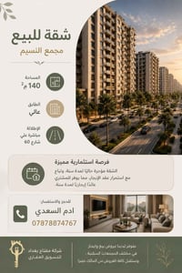شقة للبيع – مجمع النسيم  📐 المساحة: 140 م² 🏢 الطابق: عالي 🌇 الإطلالة: ...
