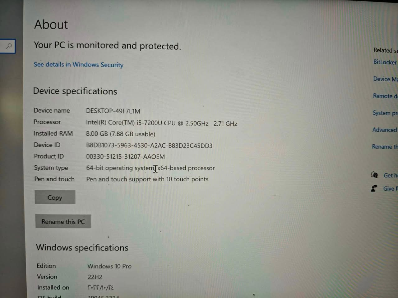 للبيع ثنينهم

نص مكتوب في الصور:
- About
- Your PC is monitored and protected.
- See details in Windows Security
- Device specifications
- Device name	DESKTOP-49F7L1M
- Processor	Intel(R) Core(TM) i5-7200U CPU @ 2.50GHz 2.71 GHz
- Installed RAM	8.00 GB (7.88 GB usable)
- Device ID	B8DB1***********-A2AC-B83D23C45DD3
- Product ID	00330-51215-31207-AAOEM
- System type	64-bit operating system, x64-based processor
- Pen and touch	Pen and touch support with 10 touch points
- Copy
- Rename this PC
- Windows specifications
- Edition	Windows 10 Pro
- Version	22H2
- Installed on
- Device name DESKTOP-49F7L1M Processor Intel(R) Core(TM) i5-7200U CPU @ 2.50GHz 2.71 GHz Installed RAM 8.00 GB (7.88 GB usable) Device ID B8DB1***********-A2AC-B83D23C45DD3 Product ID 00330-51215-31207-AAOEM System type 64-bit operating system, x64-based processor Pen and touch Pen and touch support with 10 touch points Copy Rename this PC Windows specifications Edition Windows 10 Pro Version 22H2 Installed on ٢٠٢٢/٨/٢٤ OS build 19045.3324 Experience Windows Feature Experience Pack 1000.19041.1000.0 Copy Change product key or upgrade your edition of Windows Read the Microsoft Services Agreement that applies to our services Read the Microsoft Software License Terms
- DirectX Diagnostic Tool System Display Sound Input This tool reports detailed information about the DirectX components and drivers installed on your system. If you know what area is causing the problem, click the appropriate tab above. Otherwise, you can use the "Next Page" button below to visit each page in sequence. System Information Current Date/Time: 17  ٠٧:١٣:١٩ .٢٠٣٦ ؀؀ العربى العربى Computer Name: DESKTOP-49F7L1M Operating System: Windows 10 Pro 64-bit (10.0, Build 19045) Language: العربى (Regional Setting: العربى) System Manufacturer: HP System Model: HP Elite x2 1012 G2 BIOS: P87 Ver. 01.51 Processor: Intel(R) Core(TM) i5-7200U CPU @ 2.50GHz (4 CPUs), ~2.7GHz Memory: 8192MB RAM Page file: 3208MB used, 5435MB available DirectX Version: DirectX 12 Check for WHQL digital signatures DxDiag 10.00.19041.2075 64-bit Unicode Copyright © Microsoft. All rights reserved. Help Next Page Save All Information... Exit
- حول ذاكرة RAM المثبتة ٨,٠٠ غيغابايت DDR3 المعالج Intel(R) Core(TM) i7-4600U CPU @ 2.10GHz 2.70 GHz بطاقة الرسومات 1 GB تم تثبيت عدة وحدات GPUs مساحة التخزين 466 GB تم استخدام ١٥١ GB من ٤٦٦ GB إعادة تسمية هذا الكمبيوتر DESKTOP-F7STAAK HP ZBook 14 نسخ مواصفات الجهاز اسم الجهاز DESKTOP-F7STAAK المعالج Intel(R) Core(TM) i7-4600U CPU @ 2.10GHz 2.70 GHz ذاكرة RAM المثبتة ٨,٠٠ غيغابايت (٧,٨١ غيغابايت مستخدم) بطاقة الرسومات AMD Radeon (TM) HD 8500M/8700M (1004 MB), Intel(R) HD Graphics Family (113 MB) مساحة التخزين 466 GB HDD TOSHIBA MQ01ABD050V معرف الجهاز C9D0371D-9838-4D6E-BEB8-03D2787917ED معرف المنتج 00330-80000-00000-AA004 نوع النظام نظام تشغيل بإصدار ٦٤ بت ومعالج يستند إلى x64 القلم واللمس لا يتوفر إدخال باللمس أو بالقلم لجهاز العرض هذا الأسئلة المتكررة