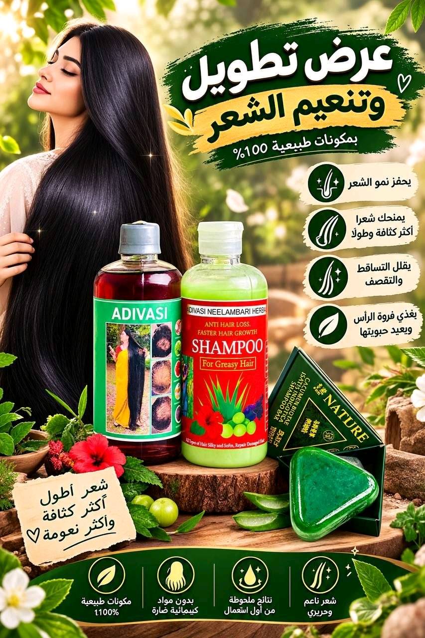 ✨ عرض العناية بالشعر وتكثيفه وتطويله ✨
تعانين من تساقط الشعر، ضعف الشعر، التقصف أو مظهر الشعر الخفيف 💆‍♀️💚 مجموعة من منتجات العناية بالشعر ضمن روتين واحد، للمساعدة على الاهتمام بفروة الرأس والشعر والحفاظ على مظهره أكثر حيوية ولمعاناً.

1-- شامبو الشعر
ضروري عدكم. شامبو خاص للشعر مع الزيت الي تستخدمو علاج
لقشرة الشعر وتقصف ويسوي نعومة وتسريح وعطر طيب وعلاج للدهون الشعر

2--زيت الشعر متكونه من 108 عشبة هندية.. يعني الحل الجذري لكل مشاكل الشعر! 🇮🇳✨
✅ يعالج الصلع الوراثي والتساقط الكربي.
✅ يثخن الشعرة ويمنع تكسرها.
✅ يطول الشعر بفترة قياسية.
✅ يرجع الحيوية للشعر التالف والمحروق

3--صابون #سافين_قرين الأصلي بالأعشاب الصينية
صابونة طبيعية 100٪ بخلاصة الأعشاب الصينية، تنظف فروة الرأس بعمق، وتغذي الشعر من الجذور لتمنحه مظهراً صحياً ولمعاناً طبيعياً 🌱💆♀️
💚 الفوائد الرئيسية:
✅ تنظيف عميق ولطيف لفروة الرأس
✅ تقليل التساقط تدريجياً
✅ تغذية وتقوية جذور الشعر
✅ يمنح الشعر لمعاناً صحياً وطبيعياً
✅ خالٍ من المواد الك يميائية الضارة


🚘يوجد خدمة توصيل لجميع محافظات العراق