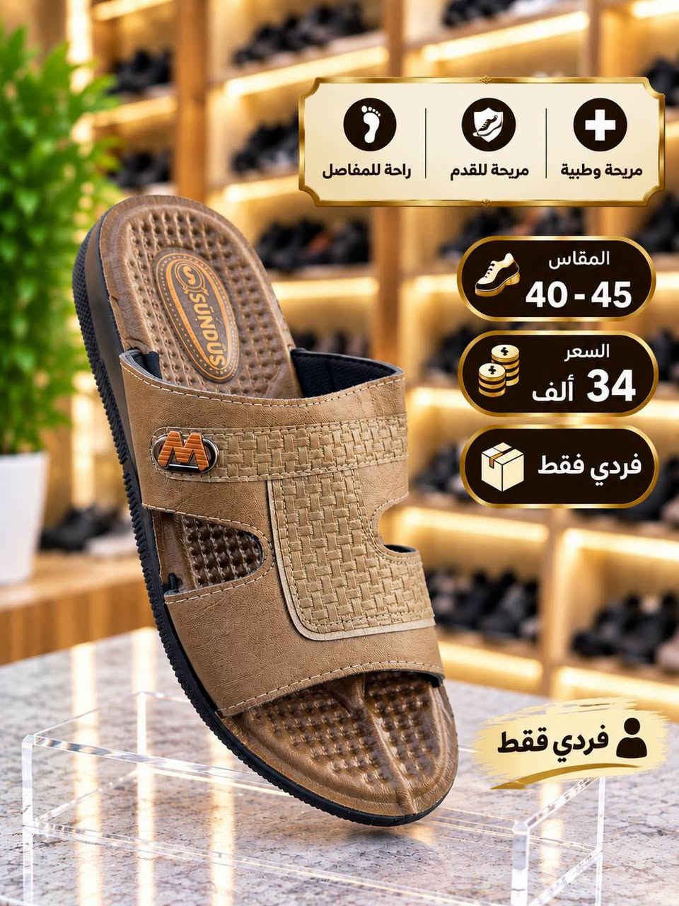 جمله فقط اقل طلب نص درزن لايوجد مفرد والاسعار ثابته

سعر درزن 34 الف تركي طبي 🌹

يوجد توصيل لجميع محافضات العراق

نص مكتوب في الصور:
- Sindus By GOODER شبشب رجالي جلدي مريح تصميم أنيق يناسب جميع الأذواق خفيف الوزن مريح على القدم جودة عالية مادة متينة وطويلة العمر نعل مريح يقلل من تعب القدم مانع للانزلاق ثبات عالي لجميع الأسطح السعر فقط 34,000 دينار المقاسات المتوفرة 40 - 45 راحة وأناقة في كل خطوة تفاصيل أنيقة تصميم عصري مميز نعل مريح يمنحك راحة أكبر خامة جلدية عالية الجودة تتحمل الاستخدام اليومي نعل متين ومضاد للإنزلاق ثبات وأمان في كل خطوة مناسب لجميع الأوقات
- شحاطة رجالي سعر 34 ألف قياس 40 - 45 نوعية أصلية
- راحة للمفاصل مريحة للقدم مريحة وطبية المقاس 40 - 45 السعر 34 ألف فردي فقط فردي فقط