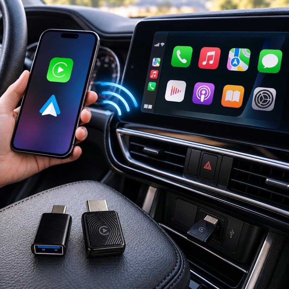 مميزات:

. محوّل MINI اللاسلكي CarPlay & Android Auto

• يحوّل CarPlay وAndroid Auto إلى اتصال لاسلكي بدون الحاجة لتوصيل الهاتف بالسلك كل مرة.

• يدعم Apple CarPlay وAndroid Auto للتوافق مع أجهزة الآيفون والأندرويد.

• اتصال سريع ومستقر للاستخدام اليومي أثناء القيادة.

• استمتع بالموسيقى، المكالمات، الخرائط والتطبيقات من شاشة السيارة بسهولة.

• تشغيل تلقائي وسهل بعد الإعداد الأولي.

• حجم MINI صغير جداً وما ياخذ مساحة داخل السيارة.

• يُوصل مباشرة بمنفذ USB في السيارة، ومعه محوّل حسب نوع المنفذ.

• تصميم بسيط وأنيق ومناسب للاستخدام داخل السياره