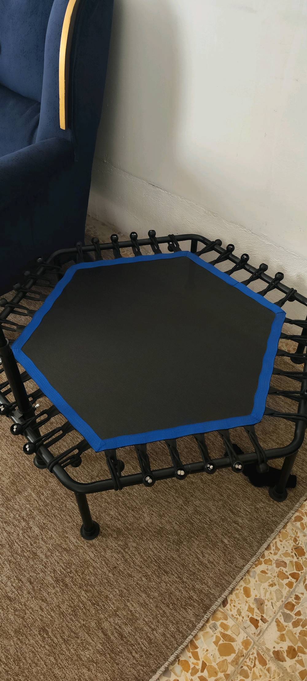 ترامبولين رياضي لياقة بدنية (Fitness Rebounder) بحالة ممتازة:
ترامبولين رياضي سداسي الشكل (Rebounder) احترافي ومناسب للتمارين الرياضية المنزلية واللياقة البدنية:
التصميم والشكل: سداسي مع حواف باللون الأزرق المقوى.
نظام المرونة: يعمل بنظام الحبال المطاطية المشدودة (Bungees) الهادئة، والتي توفر قفزاً مريحاً وأمناً للركب والمفاصل مقارنة بالزنبركات المعدنية التقليدية.
المقبض: مزود بمقبض يد (مقبض توازن) قابل للتعديل والثبات لدعم التوازن أثناء ممارسة التمارين القوية.
الحالة: بحالة ممتازة جداً ونظيف.
القطر/المقاس: (120 سم).
السعر: (٨٥ )دينار عراقي
الموقع: (النجف /حي السلام). (الاستلام من الباب).
