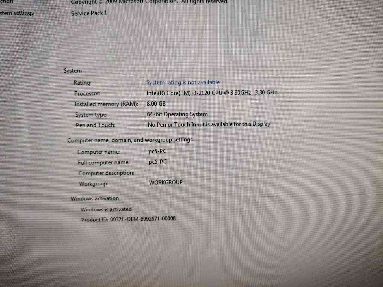 سلام عليكم من رخصت الادمن ١٢ حاسبه وست يوبيس وهاف سويج وميزهن كلهن شلع مليون وربع وبيهن
مجال رقم ***********

نص مكتوب في الصور:
- System Rating: System rating is not available Processor: Intel(R) Core(TM) i5-3550 CPU @ 3.30GHz 3.30 GHz Installed memory (RAM): 4.00 GB System type: 64-bit Operating System Pen and Touch: No Pen or Touch Input is available for this Display Computer name, domain, and workgroup settings Computer name: PC4-PC Full computer name: PC4-PC Computer description: Workgroup: WORKGROUP Windows activation Windows is activated Product ID: 00371-OEM-8992671-00437
- Windows 7 Professional Copyright c 2009 Microsoft Corporation. All rights reserved. Service Pack 1 System Rating: System rating is not available Processor: Intel(R) Core(TM) i5-3550 CPU @ 3.30GHz 3.30 GHz Installed memory (RAM): 4.00 GB System type: 64-bit Operating System Pen and Touch: No Pen or Touch Input is available for this Display Computer name, domain, and workgroup settings Computer name: pc6-PC Full computer name: pc6-PC Computer description: Workgroup: WORKGROUP Windows activation Windows is activated Product ID: 00371-OEM-8992671-00437
- Copyright © 2009 Microsoft Corporation. All rights reserved. Service Path 1 System Rating: System rating is not available Processor: Intel(R) Core(TM) i3-2120 CPU @ 3.30GHz 3.30 GHz Installed memory (RAM): 8.00 GB System type: 64-bit Operating System Pen and Touch: No Pen or Touch Input is available for this Display Computer name, domain, and workgroup settings Computer name: pc5-PC Full computer name: pc5-PC Computer description: Workgroup: WORKGROUP Windows activation Windows is activated Product ID: 00371-OEM-8992671-00008
- Control Panel > System and Security > System
- Control Panel Home
- Device Manager
- Remote settings
- System protection
- Advanced system settings
- View basic information about your computer
- Windows edition
- Windows 7 Professional
- Copyright (c) 2009 Microsoft Corporation. All rights reserved.
- Service Pack 1
- System
- Rating: System rating is not available
- Processor: Intel(R) Core(TM) i3-2120 CPU @ 3.30GHz 3.30 GHz
- Installed memory (RAM): 8.00 GB
- System type: 64-bit Operating System
- Pen and Touch: No Pen or Touch Input is available for this Display
- Computer name, domain, and workgroup settings
- Computer name: pc5-PC
- Full computer name: pc5-PC
- Computer description:
- Workgroup: WORKGROUP
- Windows activation
- Windows is activated
- Product ID: 00371-OEM-8992671-00008
- See also
- Action Center
- Windows Update
- Performance Information and Tools