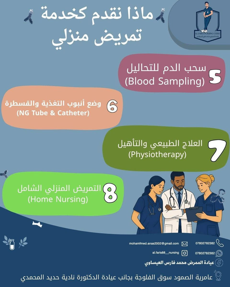 #اعلان_هام
​🏠 الراحة والرعاية الطبية.. لحد باب بيتك في عامرية الصمود! 💙
​لأن راحتكم وراحة كبار السن والمرضى هي غايتنا الأولى، تقدم لكم عيادة الممرض محمد فارس العيساوي خدمة التمريض المنزلي المتكامل (Home Nursing Care) داخل قضاء عامرية الصمود بنفس الدقة والاحترافية والمعايير المعقمة داخل العيادة.
​نصل إليكم أينما كنتم داخل القضاء لنخفف عنكم وعن عوائلكم مشقة التنقل والإجهاد!
​🩺 ماذا نقدم لكم في خدمة التمريض المنزلي؟
​تركيب الكانيولا (Cannulation)  
​إعطاء العلاجات والمغذيات (IV Therapy)  
​تضميد الجروح والعمليات (Wound Dressing)  
​قياس الضغط والسكر والنبض (Vital Signs)  
​سحب الدم للتحاليل (Blood Sampling)  
​وضع أنبوب التغذية والقسطرة (NG Tube & Catheter)  
​العلاج الطبيعي والتأهيل (Physiotherapy)  
​التمريض المنزلي الشامل (Home Nursing)  
​✨ صحتكم وراحة عوائلكم أمانة نعتز بها.. راحتك تبدأ من بيتك.  
​📞 للاتصال والاستفسار: ***********
💬 واتساب: ***********
📸 انستغرام: al.faris88__nursing
👤 فيسبوك: عيادة الممرض محمد فارس العيساوي
📍 العنوان: قضاء عامرية الصمود - سوق الفلوجة - بجانب عيادة الدكتورة نادية حديد المحمدي  
عيادة الممرض محمد فارس العيساوي

نص مكتوب في الصور:
- التمريض المنزلي
- mohamfmed.anas2002@gmail.com
- ***********
- al.faris88__nursing
- عامرية الصمود سوق الفلوجة بجانب عيادة الدكتورة نادية حديد المحمدي
- AL-FARIS NURSING CLINIC
- الراحة والرعاية الطبية.. لحد باب بيتك!
- لأن راحتكم وراحة كبار السن والمرضى هي غايتنا، تقدم لكم عيادة الممرض محمد فارس العيساوي خدمة التمريض المنزلي المتكامل (Home Nursing Care) بنفس الدقة والمعايير المعقمة الموجودة داخل العيادة.
- نحن نصل إليكم لتوفير عناية تمريضية شاملة تخفف عنكم مشقة التنقل والإجهاد.
- كل ماعليك سوى الاتصال
- ماذا نقدم خدمات التمريض المنزلي 1 تركيب الكانيولا (Cannulation) 2 إعطاء العلاجات والمغذيات (IV Therapy) 3 تضميد الجروح والعمليات (Wound Dressing) 4 قياس الضغط والسكر والنبض (Vital Signs) mohamfmed.anas2002@gmail.com al.faris88__nursing عيادة الممرض محمد فارس العيساوي *********** *********** عامرية الصمود سوق الفلوجة بجانب عيادة الدكتورة نادية حديد المحمدي
- AL-FARIS NURSING CLINIC عيادة الممرض محمد فارس العيساوي ماذا نقدم كخدمة تمريض منزلي 5 سحب الدم للتحاليل (Blood Sampling) 6 وضع أنبوب التغذية والقسطرة (NG Tube & Catheter) 7 العلاج الطبيعي والتأهيل (Physiotherapy) 8 التمريض المنزلي الشامل (Home Nursing) mohamfmed.anas2002@gmail.com *********** al.faris88__nursing *********** عيادة الممرض محمد فارس العيساوي عامرية الصمود سوق الفلوجة بجانب عيادة الدكتورة نادية حديد المحمدي
- صحتكم وراحة عوائلكم أمانة نعتز بها.. راحتك تبدأ من بيتك.