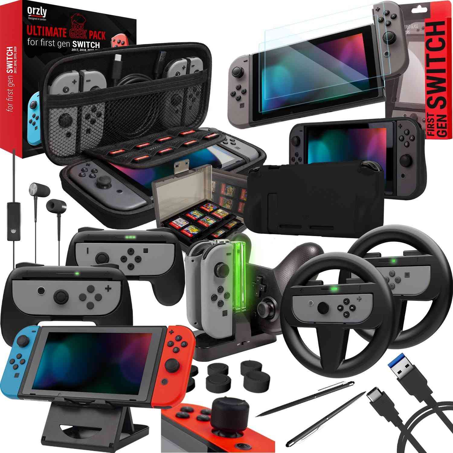 كت كامل ملحقات 
Nintendo switch ✅

Nintendo switch Iold✅
جنطه لون اسود 

كفر ظهر لون اسود ل Nintendo switch 

كفر ظهر لون اسود ل Nintendo switch Iold
 
كفر لل جوي كون لون اسود

كيبل شحن type -c

قلم ✏️ لمس 

سماعه 

قبضات لل جوي كون

شكل دركسون

شكل جوستك

ستان لل Nintendo 

شاحن جوستك و جوي كون

حافظه ل كادرج العاب Nintendo 

غطاء كير عدد 4 لون اسود

كل هذا سعره 45 الف دينار 

للتواصل والاستفسار ***********

توصيل كل العراق 5 الاف دينار

نص مكتوب في الصور:
- A LITTLE EXTRA Game Card Holder This card holder will increase your game carrying capacity in a lightweight and portable solution. Headphones With great sound clarity and a comfortable fit, immerse yourself fully with these headphones! Stylus Pen The Orzly Stylus pen is a twin tip pen suitable for writing on paper as well as on you Nintendo Switch. *Not compatible with 2021 Switch OLED Model
- COMFORT SOLUTIONS Comfort Case Shaped to fit comfortably your handand give you a better grip of your Nintendo Switch. The durable TPU material is shock absorbent giving you peace of mind 6mm 9mm 14mm Thumbgrips We have included three pairs of different sized thumb grips to make sure you have a better grip and complete control when you play. Also, they keep your thumbsticks protected and looking like new. *Not compatible with 2021 Switch OLED Model
- CHARGING SOLUTIONS Ultimate Charging Station Perfect for storing and charging up to 4 Joy-Cons, 2 Joy-Cons and a Pro-Controller or 2 Pro-Controllers Orzly Type-C to USB A Cable The Orzly Type-C to USB A cable is perfect for not only charging your compatible device but also allowing for super fast data transfer thanks to USB 3.0. *Not compatible with 2021 Switch OLED Model
- GAMEPLAY SOLUTIONS Switch PlayStand The stand supports multiple angles to suit your personal preference & comfort while playing 2 JoyCon Grips Turn your Joy-Cons into a fully functional Control Pad 2 Racing Wheels Get a truer driving experience when playing on your favourite Nintendo Switch racing games. *Not compatible with 2021 Switch OLED Model
- X2