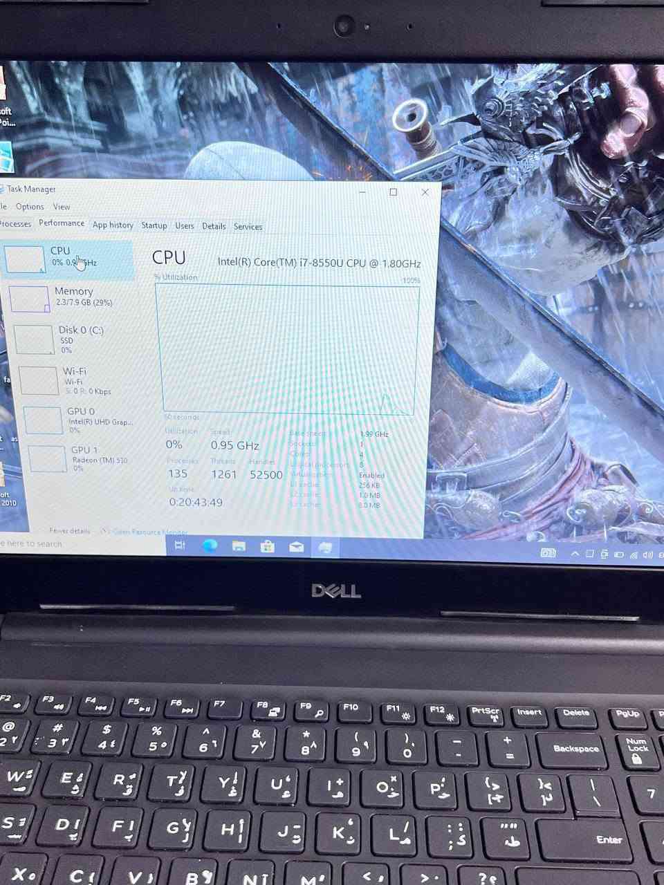 كطالب جامعي هذا اللابتوب راح يخدمك
يجي بكرت شاشة خارجي 2GB مخصص للبرامج الاحترافية 

Dell - فئة رجال الاعمال

• Intel Core i7 - 8550U - معالج

• AMD 530 - 2GB  مناسب للألعاب المتوسطة والبرامج

• Intel UHD GRAPHICS 4GB - كرت شاشة داخلي 

• 8GB DDR4 RAM - قابل للزيادة لحد 64 كيكا

• 256GB M.2 NVMe - تخزين قابل للزيادة

• 15.6 inch SCREEN - شاشة بحجم مثالي والوانها تخبل

--نحافة وخفة وزن اللابتوب كلش مناسبة--

🔰مع الملحقات : شاحنة + ماوس كيمنك RGB  وماوس باد وحقيبة🔰

🟩ضمان 10 ايام من اي خلل استبدال 🟩

🪙سعر اللابتوب: 355 الف دينار 

توصيل جميع محافظات العراق 5 الف 

☢️واتس: ***********☢️

نص مكتوب في الصور:
- Task Manager
- File Options View
- Processes Performance App history Startup Users Details Services
- CPU
- 0% 0.9GHz
- Memory
- 2.3/7.9 GB (29%)
- Disk 0 (C:)
- SSD
- 0%
- Wi-Fi
- S: 0 R: 0 Kbps
- GPU 0
- Intel(R) UHD Grap...
- GPU 1
- Radeon (TM) 530
- Intel(R) Core(TM) i7-8550U CPU @ 1.80GHz
- % Utilization
- 100%
- 60 seconds
- Utilization
- Speed
- 0.95 GHz
- Base speed:
- Sockets:
- Cores:
- Logical processors:
- Virtualization:
- L1 cache:
- L2 cache:
- L3 cache:
- 1.99 GHz
- 1
- 4
- 8
- Enabled
- 256 KB
- 1.0 MB
- 8.0 MB
- Processes
- 135
- Threads
- 1261
- Handles
- 52500
- Up time
- 0:20:43:49
- Fewer details
- Open Resource Monitor