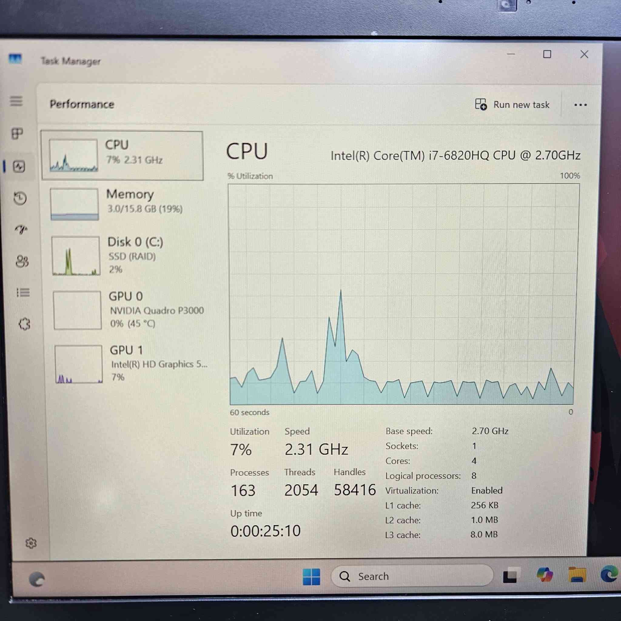🚀 Dell Precision 7720 | شاشة عملاقة وأداء ثقيل 💯
لأصحاب الهندسة، المونتاج، والأعمال الشاقة.. حاسبة بقوة عالية وشاشة كبيرة جداً للعمل المريح.
​المواصفات:
​المعالج: Intel Core i7 (6th Gen HQ) 🚀
​الرام: 16GB DDR4
​الخزن: 480GB SSD (سريع جداً)
​كرت الشاشة: Nvidia Quadro P3000 6GB + Intel Graphics
​الشاشة: 17.3 بوصة فول اتش دي (FHD)
​النظام والملحقات: Windows 11 Pro + كيبورد ستيكر (عربي / إنكليزي)
+جنطه ماوس وماوس باد شاحنه و كيبل شحن
​💰 السعر: 450 ألف دينار فقط!
🚚 السعر شامل التوصيل لجميع المحافظات.
​📩 للطلب أو الاستفسار *********** او راسلنا على الخاص.

نص مكتوب في الصور:
- Task Manager Run new task Performance CPU 3% 1.64 GHz Memory 3.0/15.8 GB (19%) Disk 0 (C:) SSD (RAID) 8% GPU 0 NVIDIA Quadro P3000 0% (45 °C) GPU 1 Intel(R) HD Graphics 5... 0% Disk 0 (C:) KINGSTON SA400S37/480GB Active time 100% 60 seconds 0 Disk transfer rate 100 MB/s 60 MB/s 60 seconds 0 Active time 8% Average response time 15.7 ms Read speed 79.6 KB/s Write speed 677 KB/s Capacity: 447 GB Formatted: 447 GB System disk: Yes Page file: Yes Type: SSD (RAID) Search
- Task Manager Performance Run new task CPU 10% 2.36 GHz Memory 3.0/15.8 GB (19%) Disk 0 (C:) SSD (RAID) 2% GPU 0 NVIDIA Quadro P3000 0% (45 °C) GPU 1 Intel(R) HD Graphics 5... 1% Memory Memory usage 16.0 GB 15.8 GB 60 seconds 0 Memory composition In use (Compressed) 2.8 GB (41.9 MB) Available 12.9 GB Speed 2400 MHz Slots used 3 of 4 Form factor SODIMM Hardware reserved 155 MB Committed 3.1/18.7 GB Cached 762 MB Paged pool 194 MB Non-paged pool 260 MB Search
- Task Manager Performance Run new task CPU 8% 2.19 GHz Memory 2.9/15.8 GB (18%) Disk 0 (C:) SSD (RAID) 0% GPU 0 NVIDIA Quadro P3000 0% (45 °C) GPU 1 Intel(R) HD Graphics 5... 1% GPU NVIDIA Quadro P3000 v 3D 0% v Copy 0% v Video Encode 0% v Video Decode 0% Dedicated GPU memory 6.0 GB Shared GPU memory 7.9 GB Utilization 0% GPU Memory 0.0/13.9 GB Dedicated GPU memory 0.0/6.0 GB Shared GPU memory 0.0/7.9 GB Driver version: Driver date: DirectX version: Physical location: Hardware reserved memory: Search
- Task Manager Performance Run new task CPU 7% 2.31 GHz Memory 3.0/15.8 GB (19%) Disk 0 (C:) SSD (RAID) 2% GPU 0 NVIDIA Quadro P3000 0% (45 °C) GPU 1 Intel(R) HD Graphics 5... 7% CPU Intel(R) Core(TM) i7-6820HQ CPU @ 2.70GHz % Utilization 100% 60 seconds 0 Utilization 7% Speed 2.31 GHz Processes 163 Threads 2054 Handles 58416 Up time 0:00:25:10 Base speed: 2.70 GHz Sockets: 1 Cores: 4 Logical processors: 8 Virtualization: Enabled L1 cache: 256 KB L2 cache: 1.0 MB L3 cache: 8.0 MB Q Search