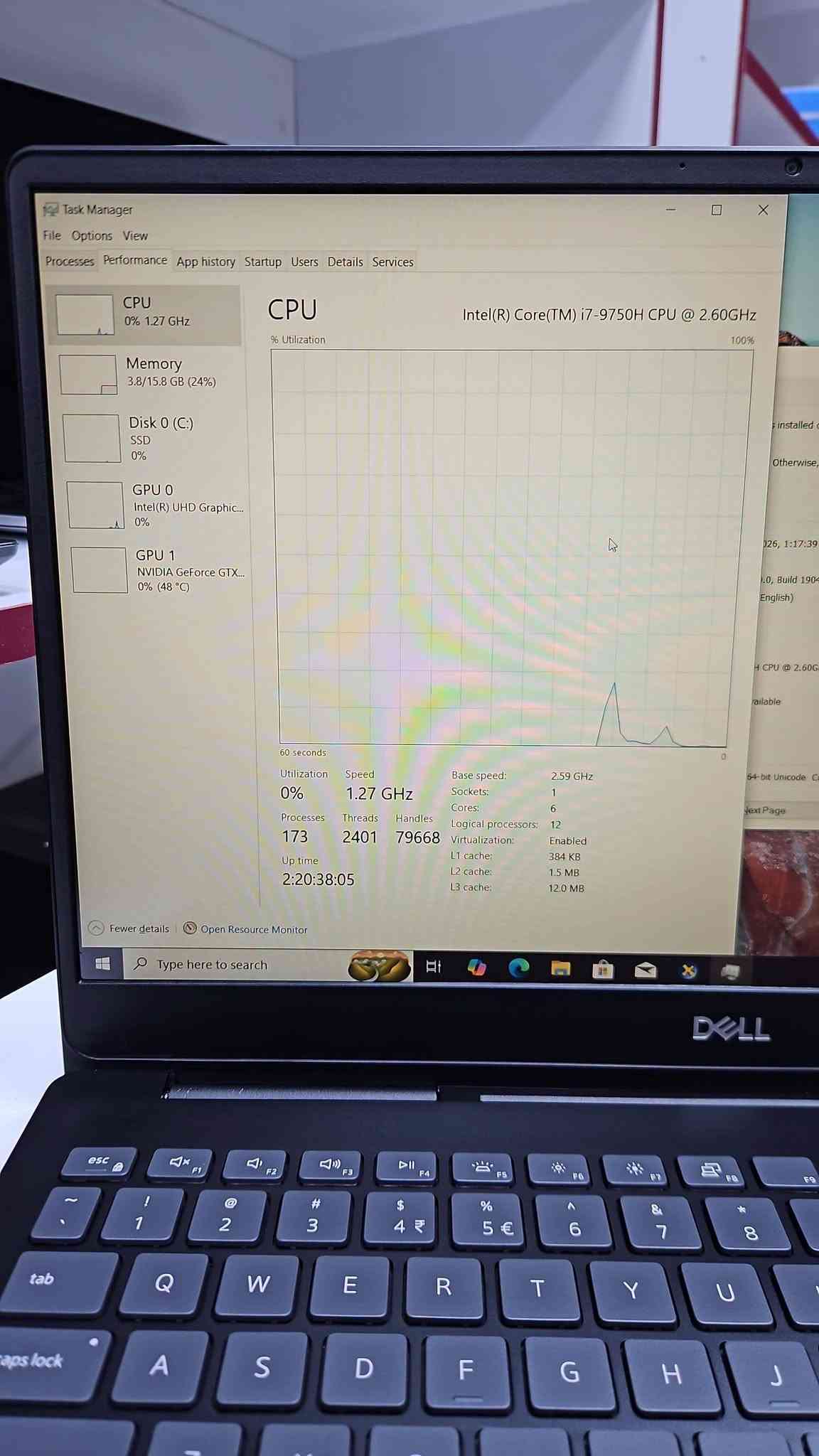 🔥 Dell Vostro 7590 | أداء قوي بسعر 550 ألف فقط!

💻 المواصفات:

✔️ المعالج: Intel Core i7-9750H – الجيل التاسع

✔️ الرام: 16GB DDR4
✔️ التخزين: 512GB SSD

✔️ كرت الشاشة: NVIDIA GTX 1050 – 3GB

✔️ كرت داخلي: Intel UHD 630 8GB
✔️ الشاشة: 15.6" FHD

💰 السعر: 550,000 دينار عراقي فقط

🎁 شامل التوصيل والملحقات كاملة.

نص مكتوب في الصور:
- Intel(R) Core(TM) i7-9750H CPU @ 2.60GHz
- Task Manager File Options View Processes Performance App history Startup Users Details Services CPU 0% 1.27 GHz Memory 3.8/15.8 GB (24%) Disk 0 (C:) SSD 0% GPU 0 Intel(R) UHD Graphic... 0% GPU 1 NVIDIA GeForce GTX... 0% (48 °C) CPU Intel(R) Core(TM) i7-9750H CPU @ 2.60GHz % Utilization 60 seconds 0 Utilization 0% Speed 1.27 GHz Processes 173 Threads 2401 Handles 79668 Up time 2:20:38:05 Base speed: 2.59 GHz Sockets: 1 Cores: 6 Logical processors: 12 Virtualization: Enabled L1 cache: 384 KB L2 cache: 1.5 MB L3 cache: 12.0 MB Fewer details Open Resource Monitor Type here to search
