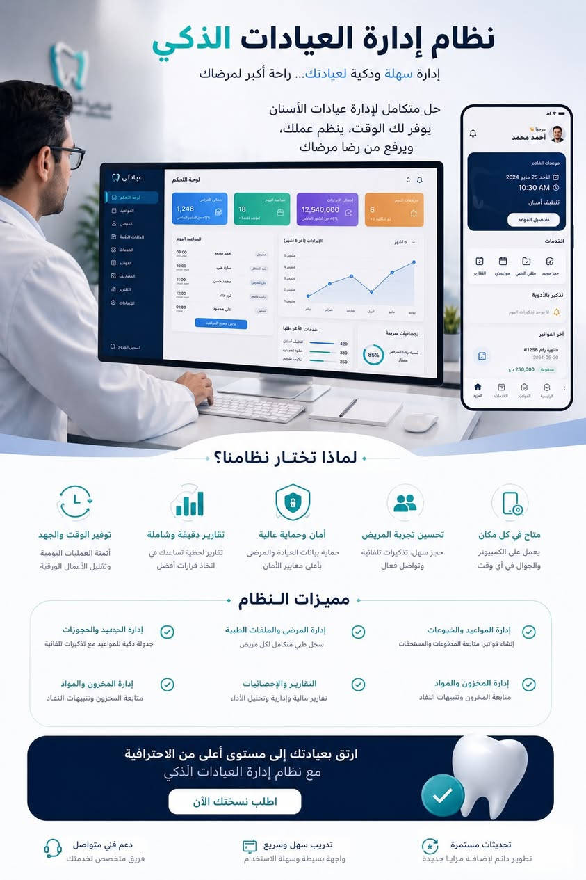 🏥🧪💊 حوّل عملك الطبي إلى إدارة ذكية! 
نظام الإدارة الذكي يمنحك حلاً متكاملاً لإدارة أعمالك الطبية من مكان واحد، بواجهة عصرية وسهلة الاستخدام تساعدك على تنظيم العمل، توفير الوقت، ومتابعة التفاصيل بدقة أكبر.
🦷 للعيادات
✅ إدارة مواعيد وحجوزات المرضى
✅ ملفات وسجلات المرضى
✅ متابعة العلاجات والخدمات
✅ إدارة الفواتير والمدفوعات
✅ تقارير وإحصائيات عن أداء العيادة
✅ تنبيهات وتذكيرات بالمواعيد
🧪 للمختبرات
✅ إدارة المرضى والأطباء
✅ تسجيل العينات ومتابعة حالتها
✅ إدارة التحاليل والفحوصات
✅ إصدار النتائج والتقارير
✅ متابعة سير العمل والطلبات
✅ إحصائيات وتقارير دقيقة
💊 للصيدليات
✅ إدارة الأدوية والمنتجات
✅ متابعة المخزون والكميات
✅ تنبيهات نقص المخزون وانتهاء الصلاحية
✅ إدارة المبيعات والفواتير
✅ إدارة المشتريات والموردين
✅ تقارير المبيعات والأرباح
🚀 لماذا نظامنا؟
نظام واحد — إدارة أسهل — دقة أعلى — وقت أقل
📱 يعمل على مختلف الأجهزة
🔐 تنظيم وحماية للبيانات
📊 تقارير وإحصائيات تساعدك على اتخاذ القرار
⚡️ واجهة سهلة وسريعة
🔄 تحديثات وتطوير مستمر
🛠 دعم فني ومتابعة مستمرة
لا تدع الإدارة التقليدية تعيق نمو عملك.
ابدأ اليوم بالتحول إلى الإدارة الذكية واجعل التكنولوجيا تعمل لصالحك.
📩 تواصل معنا الآن للحصول على تفاصيل النظام وتجربة مميزاته.
للتواصل و الاستفسار : *********** / ***********
عيادتك، مختبرك، أو صيدليتك… كلها أصبحت أسهل مع نظام واحد ذكي.
🏥 إدارة العيادات | 🧪 إدارة المختبرات | 💊 إدارة الصيدليات
نظّم عملك، وفّر وقتك، واتخذ قراراتك بثقة.
#نظام_إدارة_ذكي #إدارة_العيادات #إدارة_المختبرات #إدارة_الصيدليات #نظام_طبي #برنامج_صيدلية #برنامج_مختبر #برنامج_عيادة #التحول_الرقمي #أنظمة_إدارية #تقنية_طبية
