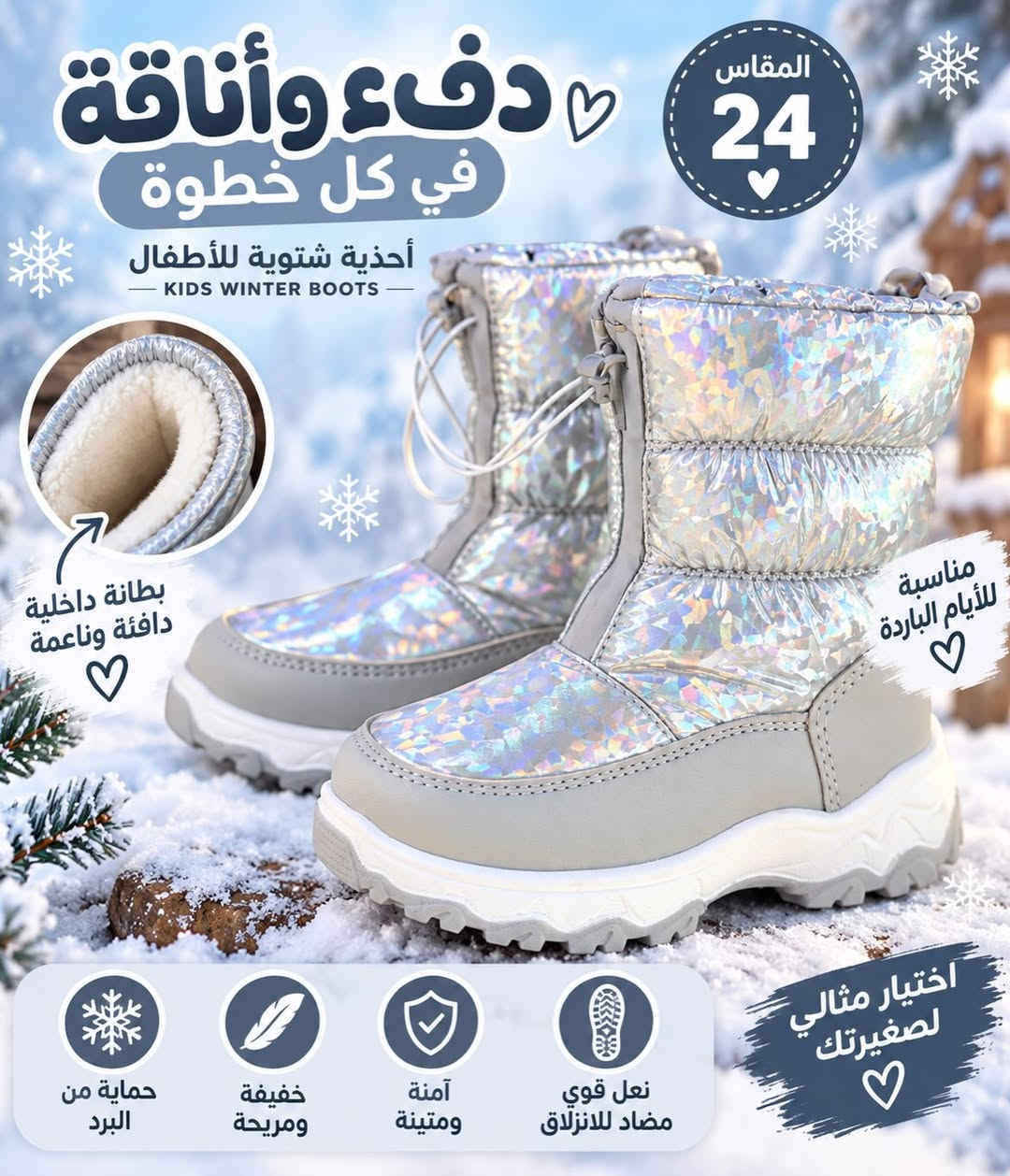 احذية ولادي وبناتي
من ماركة سنساي الهولندية
توصيل لكافة محافظات
***********
العنوان/ كركوك/ داقوق/ مقابل عيادة دكتورة ابتسام

نص مكتوب في الصور:
- أحذية شتوية للبنات الصغيرات KIDS WINTER BOOTS دفء .. راحة .. أناقة في كل خطوة تحافظ على الدفء مقاومة للماء خفيفة ومريحة آمنة ومتينة نعل قوي مضاد للانزلاق شتاء أكثر دفئا وسعادة Little Girls Big Adventures مناسبة لكل المغامرات READY FOR WINTER
- أناقة صغيرة لخطوات كبيرة بوت شتوي للأطفال KIDS BOOTS المقاس 25 مناسب لكل الأوقات تفصيلة أنيقة بمشبك جانبي راحة ودفء في كل خطوة خفيف على القدم متين وعالي الجودة مناسب لموسم الشتاء نعل قوي ومضاد للانزلاق اختيار مثالي لصغيرتك
- دفء وأناقة في كل خطوة أحذية شتوية للأطفال - KIDS WINTER BOOTS - بطانة داخلية دافئة وناعمة المقاس 24 مناسبة للأيام الباردة اختيار مثالي لصغيرتك نعل قوي مضاد للانزلاق آمنة ومتينة خفيفة ومريحة حماية من البرد
- دفء وأناقة لصغيرتك أحذية شتوية للأطفال KIDS WINTER BOOTS المقاس 26 للأيام الباردة خطوة سعيدة كل يوم بطانة داخلية دافئة آمنة ومريحة خفيفة الوزن نعل قوي مضاد للانزلاق اختيار مثالي لشتاء دافئ وسعيد
- أحذية شتوية للبنات الصغيرات KIDS WINTER BOOTS دفء .. راحة .. خطوات آمنة تحافظ على الدفء خفيفة ومريحة آمنة ومتينة نعل قوي مضاد للانزلاق مناسبة لكل المغامرات شتاء أكثر دفئاً وسعادة Little Girls Big Adventures