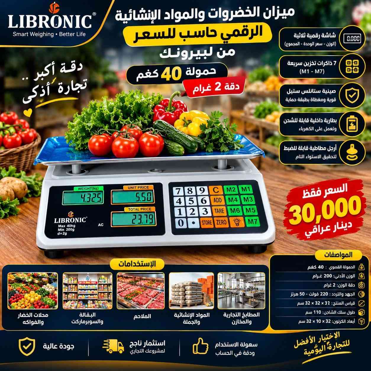 ميزان الخضروات والمواد الإنشائية الرقمي حاسب للسعر من ليبرونك حمولة 40 كغم

الاستخدامات:

حساب الأوزان والأسعار فوراً في محلات الخضار والفواكه، البقالة، السوبرماركت، والملاحم.

جرد ووزن المواد بدقة عالية في المطابخ التجارية، المخازن، ومحلات بيع الجملة والمفرد.

أداة أساسية للتجارة اليومية تضمن الشفافية والسرعة في التعامل مع الزبائن.

المميزات:

حمولة عالية ودقة متناهية: يتحمل الميزان حمولة إجمالية تصل إلى 40 كغم كحد أقصى مع دقة وزن حساسة للغاية تبلغ 2 غرام (Graduation 2g) لضمان الحساب الصحيح.

شاشة العرض الرقمية الثلاثية الواضحة: واجهة الميزان مجهزة بـ 3 نوافذ رقمية مضيئة (نافذة للوزن الكلي، نافذة لسعر الوحدةالكيلو، ونافذة للمجموع الكلي المالي الناتج).

صينية ستانلس ستيل قوية: صينية الوزن مصنوعة من الفولاذ المقاوم للصدأ (الستانلس ستيل) المتين، تأتي مغلفة بطبقة حماية زرقاء لحمايتها من الخدوش أثناء الشحن والتوصيل.

7 ذاكرات تخزين سريعة (M1 - M7): لوحة المفاتيح مجهزة بـ 7 أزرار مخصصة لحفظ أسعار المواد الأكثر مبيعاً لديك، مما يتيح لك استدعاء السعر بضغطة زر واحدة لتسريع عملية البيع.

منظومة طاقة ACDC وبطارية داخلية: يعمل الميزان مباشرة على الكهرباء وبواسطة الشاحن المرفق، ويحتوي على بطارية داخلية قابلة لإعادة الشحن تضمن استمرارية العمل لعدة ساعات أثناء انقطاع التيار الكهربائي.

أرجل مطاطية قابلة لضبط الاستواء: مجهز بـ 4 أرجل سفلية قابلة للتدوير والضبط لوزن ميزانية الجهاز وضمان استقراره الكامل على الأسطح غير المستوية.

الملاحظات:

إزالة لاصق الحماية الأزرق: الطبقة الزرقاء المغلفة لصينية الميزان هي لاصق بلاستيكي لحماية الستانلس ستيل؛ يُرجى إزالتها وتقشيرها قبل بدء الاستخدام للحصول على المظهر الفولاذي اللامع والنظيف.

نظام الحماية ضد الوزن الزائد: الميزان مزود بحساسات وزن دقيقة وحساسة للغاية؛ يُمنع منعاً باتاً وضع أي حمولة تتجاوز 40 كغم على الصينية لتفادي تلف خلايا الوزن الداخلية وضمان ديمومة الجهاز.

ضبط الاستواء والاتزان: قبل تشغيل مفتاح الطاقة الأحمر الجانبي يُرجى ضبط وتدوير الأرجل المطاطية الأربعة أسفل الميزان للتأكد من اتزانه الأفقي الكامل على الطاولة؛ لأن أي ميلان قد يؤدي إلى قراءة غير دقيقة للوزن والسعر.

صيانة وفصل الشاحن: تحتوي المنظومة على بطارية تخزين ذكية؛ يُنصح
