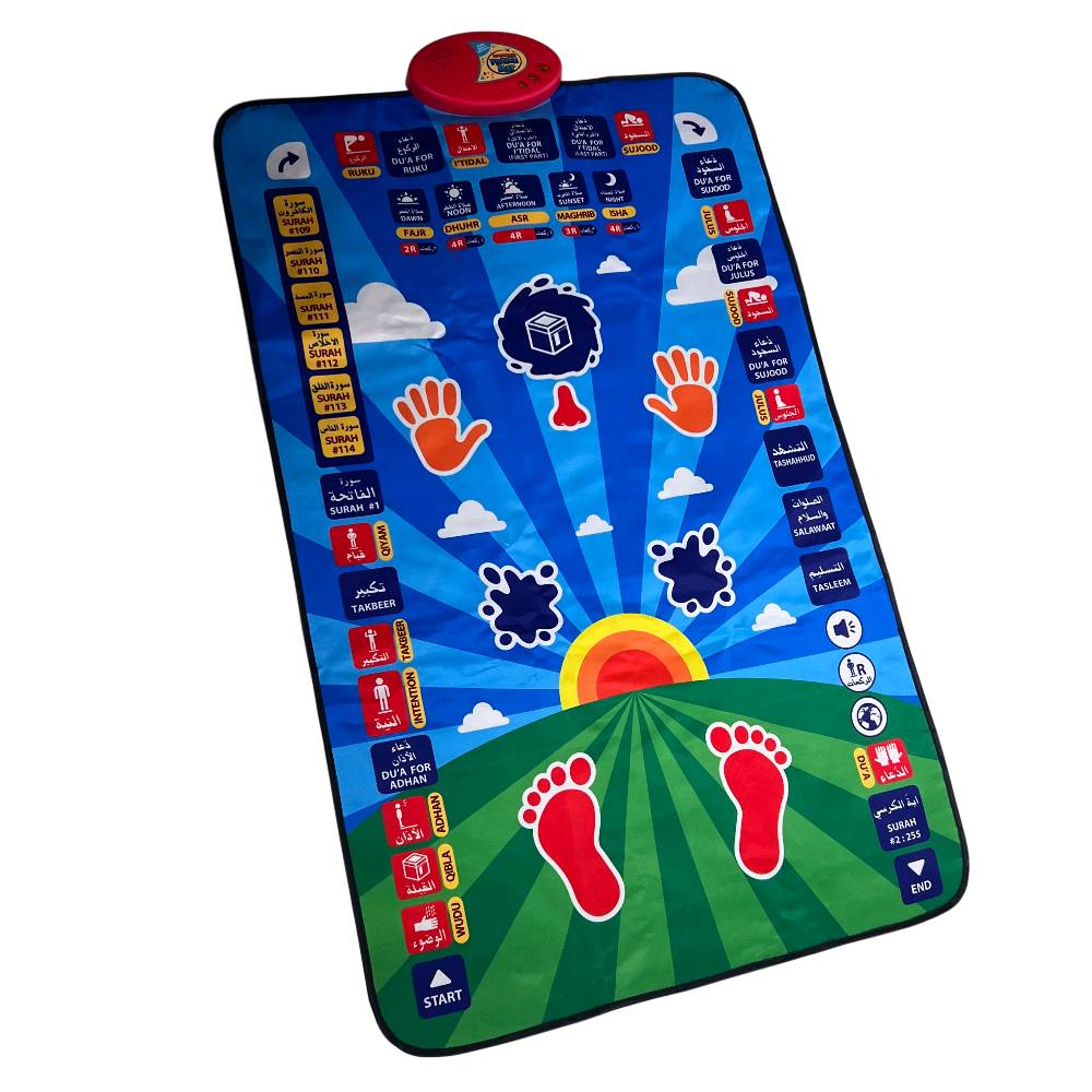 سجادة الصلاة التعليمية التفاعلية للأطفال – Educational Prayer Mat

• سجادة صلاة تعليمية تفاعلية تساعد الأطفال على تعلم الصلاة ومراحلها بطريقة سهلة وممتعة.

• تحتوي على 36 زر لمس حساس للتفاعل والتعلم.

• تدعم 7 لغات: العربية، الإنجليزية، الفرنسية، الأردية، الماليزية، التركية، والإندونيسية.

• تعليم الوضوء، الأذان، السور، الأدعية، أوقات الصلاة ووضعيات الصلاة

• مزودة بحساسات للرأس والأنف واليدين والركبتين والقدمين والساقين.

• مستوى صوت قابل للتعديل مع 3 درجات صوت.

• مقاومة للماء وقابلة للطي لسهولة الاستخدام والتخزين.

• نوع المنتج: Educational Prayer Mat
• عدد أزرار اللمس: 36 زر حساس
• عدد اللغات: 7 لغات
• مقاس السجادة: 114 × 73 سم
• وزن السجادة: 720 غرام
• مصدر الطاقة: 3 بطاريات AA
• مستويات الصوت: 3 مستويات
• مقاومة للماء
• قابلة للطي
• مادة مقاومة للحريق

محتويات العلبة:
• سجادة الصلاة التعليمية التفاعلية
• كتاب أنشطة الصلاة (Prayer Activity Book)
• علبة المنتج وتعليمات الاستخدام الموجودة معها