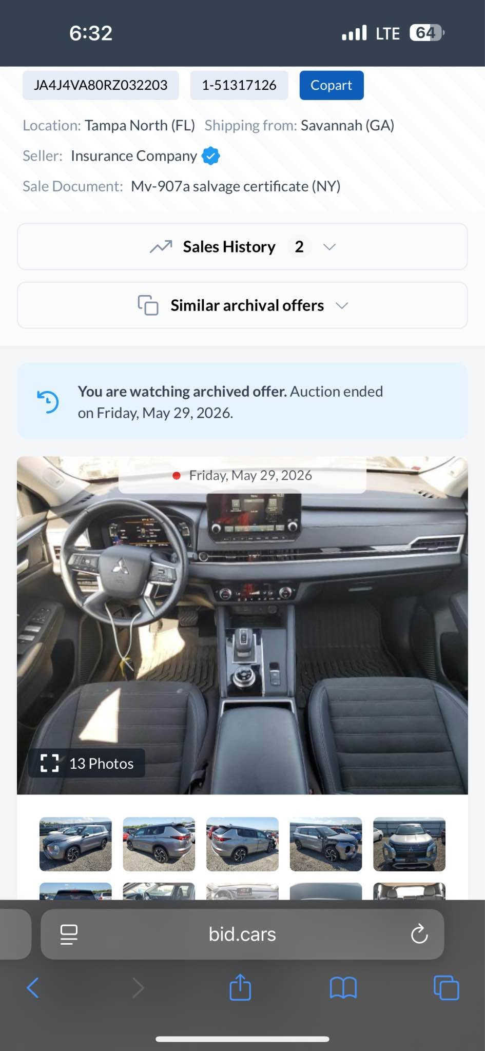 mitsubishi outlander 2024 (دەبل ئەکسل)
- مستەربۆشی ئاوتلاندەر مۆدیل ٢٠٢٤ قەپات مواسەفات دەبل ئەکسل و پانۆراما گیچ ئەلیکترۆنی   l🇯🇵🇯🇵
- ١٥ هەزار ڕۆیشتووە زۆر خاوێنە بی مەسروف👌
- پێش پشت کەپسە فەقەد دووپارچەی بۆیاغە بی ژووری بی ئیرباگ ئیرباگی شانیش بەشەرت 👌🔥
- مواسەفات SE فول و قەپات ☺️ ( کوشن گەرمە  ، ٣ مەقعەد ، شاشە ئەلیکترۆنی ، کامیرا ٣٦٠ ، شەغال ، ئاوێنە رادار و حەساس پشت و پێش زۆری تریش…….
- رەقەم کاتی نەشکاوە  …
- سعری ٢٢٧ وەرەقە و کەمەک مەجال تەحەدای بازار ☺️🔥🔥
- بۆ پەیوەندی : *********** أربيل, العراق

نص مكتوب في الصور:
- 6:31 LTE 64 JA4J4VA80RZ032203 1-51317126 Copart Location: Tampa North (FL) Shipping from: Savannah (GA) Seller: Insurance Company Sale Document: Mv-907a salvage certificate (NY) Sales History 2 Similar archival offers You are watching archived offer. Auction ended on Friday, May 29, 2026. Friday, May 29, 2026 13 Photos bid.cars
- 6:32 LTE 64 JA4J4VA80RZ032203 1-51317126 Copart Location: Tampa North (FL) Shipping from: Savannah (GA) Seller: Insurance Company Sale Document: Mv-907a salvage certificate (NY) Sales History 2 Similar archival offers You are watching archived offer. Auction ended on Friday, May 29, 2026. Friday, May 29, 2026 13 Photos bid.cars
