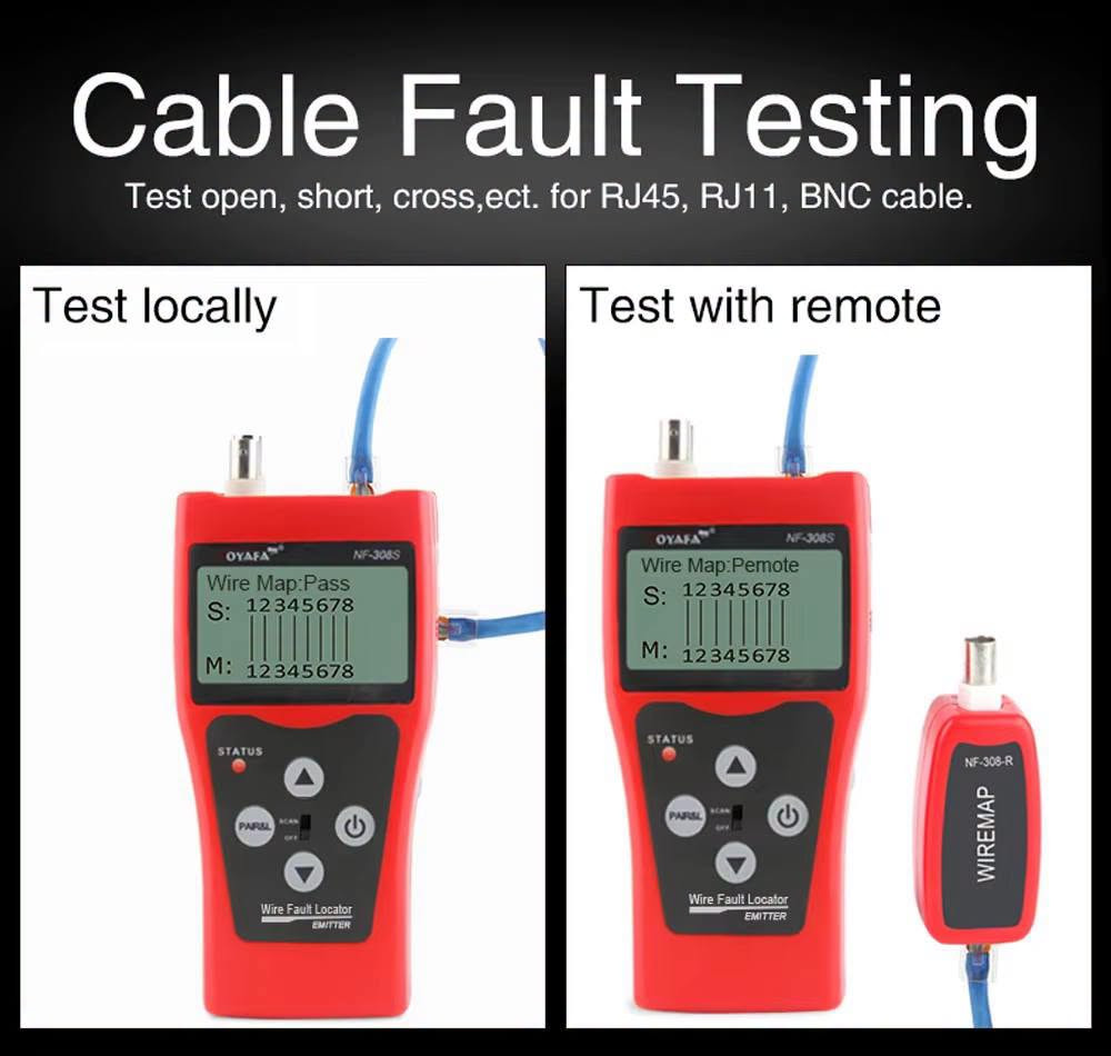 لا توجد تفاصيل

نص مكتوب في الصور:
- LCD Cable Tester Tracker Measure length and fault distance Hub blink for locating network port
- Measure Cable Length and Broken Distance. Range up to 350m, 98% accuracy! Disconnect cable at the far end. Open 12 105.3m Open 36 105.3m Open 45 105.3m Open 78 105.3m Good cable Open 12 105.3m Open 36 105.3m Open 45 30.5m Open 78 105.3m Broken cable
- Polarity testing Test polarity and DC voltage (0.5V-60V)
- Power Adaptor for Supply Power
- DC 9-12V, 500mA~2000mA
- Note: the adaptor is not included in the set.
- Lamp
- Helps work in dark environment
- Package List
- Cable Fault Testing Test open, short, cross,ect. for RJ45, RJ11, BNC cable. Test locally Test with remote