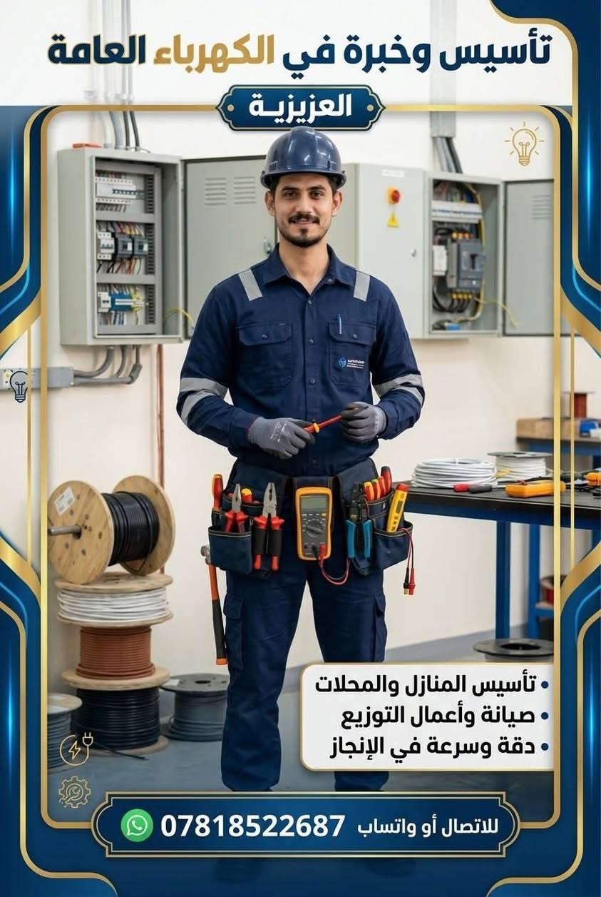 لا توجد تفاصيل

نص مكتوب في الصور:
- خبرة ودقة في العمل بإدارة المهندس علي الزبيدي لتأسيس وصيانة الدور والسخانات تأسيس الدور صيانة الدور صيانة السخانات كشف الأعطال والمعالجة *********** واتساب العزيزية وضواحيها
- تأسيس وخبرة في الكهرباء العامة
- العزيزية
- • تأسيس المنازل والمحلات
- • صيانة وأعمال التوزيع
- • دقة وسرعة في الإنجاز
- للاتصال أو واتساب ***********