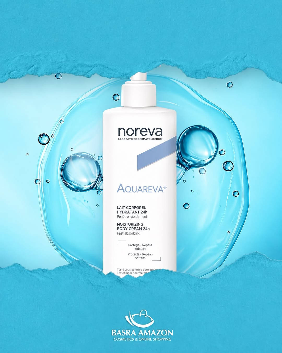 ⁨	ورا كل سحبة… خطوة أقرب لنعومة بشرتج 💧

اسحبي الصور واكتشفي أكواريفا من نوريفا، كريم ترطيب الجسم اللي يجمع بين الترطيب المكثّف والقوام الخفيف، حتى تعتنين ببشرتج براحة كل يوم. 🤍

✨ ترطيب يدوم حتى 24 ساعة.
✨ قوام حليبي سريع الامتصاص، بدون ملمس دهني أو لزج.
✨ يساعد على تنعيم البشرة الجافة والحفاظ على رطوبتها.
✨ يخفّف الإحساس بالشد الناتج عن الجفاف.

عناية بسيطة بس تفرق تضيفيها ليومج… ونعومة راح تحبينها على بشرتج.

💰 السعر: 35,000 د.ع
🧴 الحجم: 400 مل

📲 اطلبيه هسه من تطبيق بصرة أمازون.

🚚 توصيل سريع لكل محافظات العراق
• داخل البصرة: 3,000 د.ع
• باقي المحافظات: 5,000 د.ع

📞 للطلب والاستفسار:
***********
***********⁩

نص مكتوب في الصور:
- اسحبي واكتشفي السر الجديد لإشراقة بشرتك وثقتك BASRA AMAZON COSMETICS & ONLINE SHOPPING
- noreva LABORATORIO DERMATOLOGIQUE AQUAREVA LAIT CORPOREL HYDRATANT 24h Pénètre rapidement MOISTURIZING BODY CREAM 24h Fast absorbing BASRA AMAZON COSMETICS & ONLINE SHOPPING
- BASRA AMAZON COSMETICS & ONLINE SHOPPING