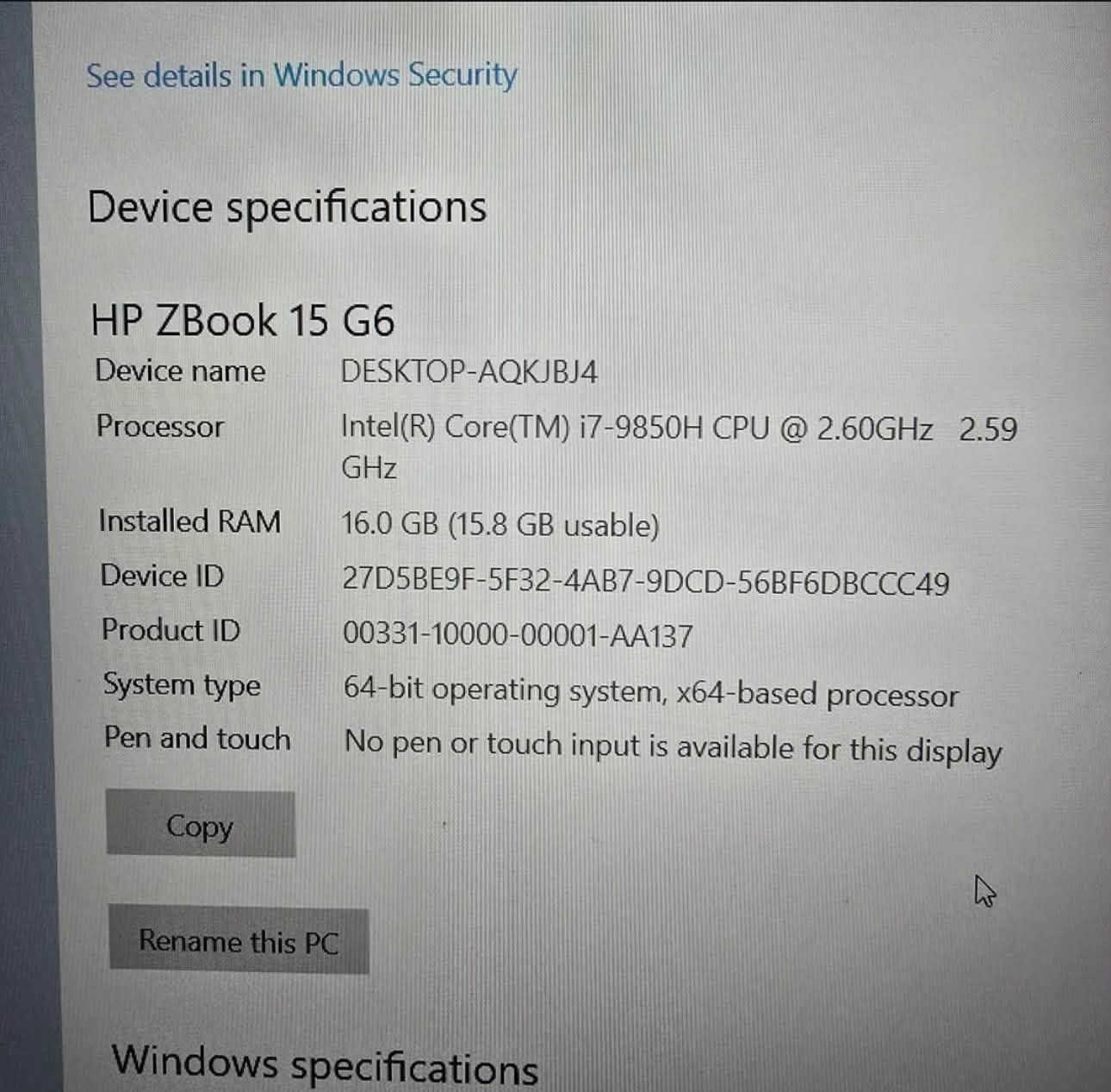 HPZBOOK
 i7-9850H الجيل التاسع
Ram 16 GB  DDR4
Hard 512 SSD M2
Nvidia Quadro T1000 (4G)💥(كـــرت الشاشه (خارجــي
حجم الشاشة15.6 🥳

السعر 550 
ناصرية 
للتواصل ***********

نص مكتوب في الصور:
- See details in Windows Security
- Device specifications
- HP ZBook 15 G6
- Device name DESKTOP-AQKJBJ4
- Processor Intel(R) Core(TM) i7-9850H CPU @ 2.60GHz 2.59 GHz
- Installed RAM 16.0 GB (15.8 GB usable)
- Device ID 27D5BE9F-5F32-4AB7-9DCD-56BF6DBCCC49
- Product ID 00331-10000-00001-AA137
- System type 64-bit operating system, x64-based processor
- Pen and touch No pen or touch input is available for this display
- Copy
- Rename this PC
- Windows specifications
- Galaxy S24 Ultra