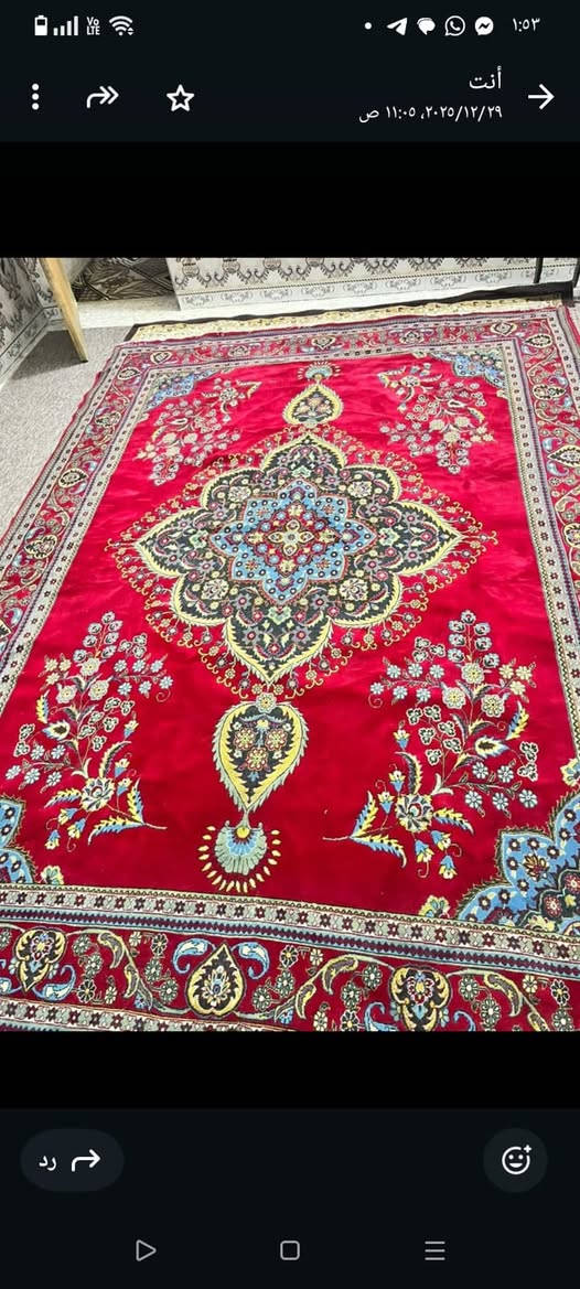زوالي كاشان ايراني اصلي شانه ونضيفه الحمر قياس ٣ في ٤ سعر ٩٠ الوحده
الجوزي ٣ في٥ سعر ٩٠
مكان كوت العزه الجديده للاستفسار خاص

نص مكتوب في الصور:
- ٥ صور • ٢٢ ديسمبر ٢٠٢٥ أنت
- أنت
- ٢٠٢٥/١٢/٢٩، ١١:٠٥ ص
- رد