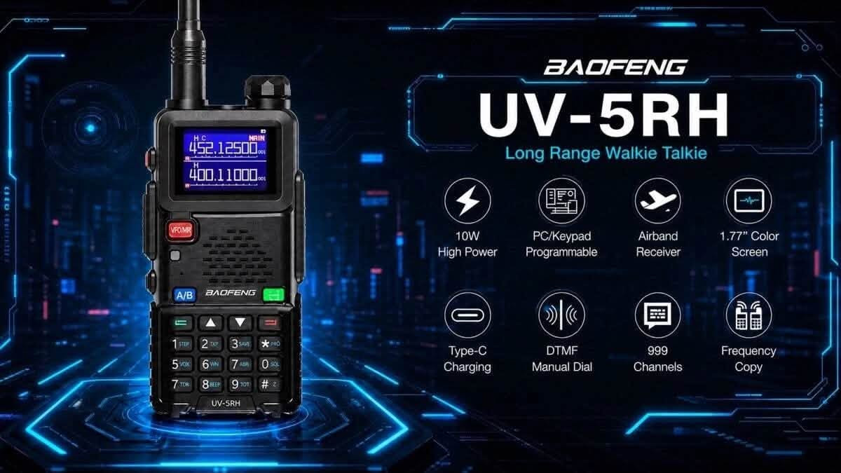 للبيع اسعار مناسب شلع------

نص مكتوب في الصور:
- BAOFENG
- Bluetooth APP Programming
- Multi Band
- AM/FM Aviation Band Receiving
- Wireless Copy Frequency
- 1.77" Color Screen
- 1000 Channels
- Two charger methods
- SIZE:130*58*40MM 1 8 2 9 3 10 4 5 11 6 12 7 13 14 15 16 17 18 1. Antenna 2. SK1-Broadcast FM and Alarm key 3. PTT key 4. VOF/MR mode key 5. SK2-Flashlight and Monitor key 6. A/B select key 7. key(MENU) 8. Power/Volume knbo 9. Color LCD 10. Speaker and microphone 11. One-Toutch search key 12. key(EXIT) 13. or navigation keys 14. Accessory jack 15. Battery release keys 16. Type-C charging port 17. Type-C charging indicator 18. LED Flashlight
- Standard Package
- Decode other walkie talkie's frequency Step: Step1: Power on walkie talkie and press "" you can see the display show: SEEK. Step 2: Press and hold the other Walkie Talkie transmitting frequency and when it searches for another frequency, press "MENU" to confirm. Step 3: Switch to channel mode and the display will show the other person's frequency. Then you can start communicating.
- BAOFENG UV-5RH Long Range Walkie Talkie 10W High Power PC/Keypad Programmable Airband Receiver 1.77" Color Screen Type-C Charging DTMF Manual Dial 999 Channels Frequency Copy
