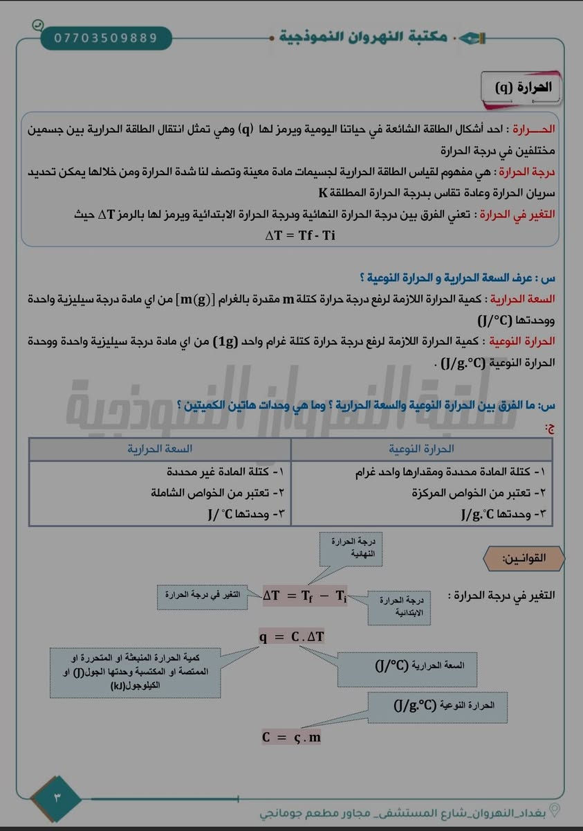 🧪📚 متوفر الآن | ملزمة الكيمياء الجاهزة للسادس العلمي

👨‍🏫 أستاذنا الكريم… ملزمتك جاهزة باسمك!

ملزمة احترافية وجاهزة للطباعة، بتصميم خاص يحمل اسم الأستاذ وهويته ✨

▪️ غلاف خاص باسم الأستاذ
▪️ علامة مائية داخلية بأسم الأستاذ
▪️ محتوى منظم وجاهز للطباعة
▪️ إمكانية التعديل والإضافة والحذف حسب رغبتك

📞 للاستفسار: ***********
📍 بغداد – النهروان – شارع المستشفى – مجاور مطعم جومانجي

🏫 كل ما يحتاجه المعلم والطالب في مكان واحد 🪄

نص مكتوب في الصور:
- *********** مكتبة النهروان النموذجية الفصل الاول : الثرموداينمك مقدمة الثرموداينمك : علم يهتم بدراسة الطاقة وتحولاتها ويهدف نحو تحويل اكبر قدر ممكن من الطاقة الحرارية الناتجة من احتراق الوقود الى انواع اخرى من الطاقات مثل الطاقة الميكانيكية للاستفادة منها في عمل المحركات . س: ماهي الظواهر التي يفسرها علم الثرموداينمك ؟ ١. سبب حدوث التفاعلات الكيميائية . ٢. التنبؤ بحدوث التغيرات الكيميائية والفيزيائية عندما توجد مادة او اكثر تحت ظروف معينة . ٣. حدوث بعض التفاعلات تلقائياً واخرى لا تحدث ابداً بشكل تلقائي عند نفس الظروف . ٤. سبب حدوث الطاقة المصاحبة للتفاعلات الكيميائية سواء في التفاعلات نفسها او في الوسط المحيط بها . س : ما الجانب الذي لا يهتم علم الثرموداينمك بدراسته ؟ ج: لا يهتم علم الثرموداينمك بعامل الزمن الذي يستغرقه التفاعل (علل) لأنه يتنبأ فقط أمكانية حدوث التفاعل بشكل تلقائي ام لا دون أن يبين سرعة التفاعل لان سرعة التفاعل من اهتمام علم الحركيات الذي يختص بدراسة سرعة التفاعل. س : ماهي انواع / اشكال الطاقة ؟ (وزاري/فراغات) ج: ١. الطاقة الكامنة : تشمل جميع الطاقة الكيميائية المخزونة في جميع أنواع المواد وجميع أنواع الوقود. ٢. الطاقة الحركية : تشمل طاقة جميع الأجسام المتحركة مثل الجزيئات والماء المتحرك والسيارات . س : أعط [ مثال / ظاهرة / حالة ] تفسر قانون الثرموداينمك الاول ؟ وعلام ينص ؟ ج: تتحول الطاقة الكامنة في الماء الى طاقة حركية إذا تحرك الماء من اعلى الشلال الى أسفله لان الطاقة الناتجة وهي الحركية يمكن ان تدور المحرك لتوليد الطاقة الكهربائية . وعليه تم استنتاج قانون الثرموداينمك الاول (وزاري) الذي ينص : ان الطاقة لا تفنى ولا تستحدث من العدم ولكن يمكن ان تتحول من شكل الى أخر بغداد_النهروان_شارع المستشفى_ مجاور مطعم جومانجي ١
- *********** مكتبة النهروان النموذجية الحرارة (q) الحرارة : احد أشكال الطاقة الشائعة في حياتنا اليومية ويرمز لها (q) وهي تمثل انتقال الطاقة الحرارية بين جسمين مختلفين في درجة الحرارة درجة الحرارة : هي مفهوم لقياس الطاقة الحرارية لجْسيمات مادة معينة وتصف لنا شدة الحرارة ومن خلالها يمكن تحديد سريان الحرارة وعادة تقاس بدرجة الحرارة المطلقة K التغير في الحرارة : تعني الفرق بين درجة الحرارة النهائية ودرجة الحرارة الابتدائية ويرمز لها بالرمز ΔT حيث ΔT = Tf - Ti س : عرف السعة الحرارية و الحرارة النوعية ؟ السعة الحرارية : كمية الحرارة اللازمة لرفع درجة حرارة كتلة m مقدرة بالغرام [m(g)] من اي مادة درجة سيليزية واحدة ووحدتها (J/°C) الحرارة النوعية : كمية الحرارة اللازمة لرفع درجة حرارة كتلة غرام واحد (1g) من اي مادة درجة سيليزية واحدة ووحدة الحرارة النوعية (J/g.°C) . س: ما الفرق بين الحرارة النوعية والسعة الحرارية ؟ وما هي وحدات هاتين الكميتين ؟ ج: الحرارة النوعية السعة الحرارية ١- كتلة المادة محددة ومقدارها واحد غرام ١- كتلة المادة غير محددة ٢- تعتبر من الخواص المركزّة ٢- تعتبر من الخواص الشاملة ٣- وحدتها J/g.°C ٣- وحدتها J/°C القوانين: التغير في درجة الحرارة : درجة الحرارة الابتدائية ΔT = Tf - Ti التغير في درجة الحرارة درجة الحرارة النهائية q = C.ΔT السعة الحرارية (J/°C) كمية الحرارة المنبعثة او المتحررة او الممتصة او المكتسبة وحدتها الجول (J) او الكيلوجول (kJ) الحرارة النوعية (J/g.°C) C = c.m بغداد_النهروان_شارع المستشفى_ مجاور مطعم جومانجي
- *********** مكتبة النهروان النموذجية علل : لا يعتبر الانثاوبي هو الدالة المسيرة للتفاعل ؟ أو علل : معرفة ΔH وحدها لا تحدد تلقائية التفاعل ؟ ج: لان بعض التفاعلات ماصه وتحدث تلقائيا والبعض الاخر باعده وتحدث تلقائيا ايضا ولذلك لا يمكن القول ان الانثالبي هو الدالة التي تتحكم في معرفه التفاعل تلقائي او لا من خلال اشارته. علل : الحرارة والشغل لا تعتبر دالة حالة ؟ ج: لان قيمتها تتغير بتغير الظروف لذا تعتمد على المسار و الخطوات التي يتم من خلالها التغيير ، ولا يمكن قياس القيمة المطلقة لدالة الحالة وانما يمكن قياس التغير لها. الخواص العامة للمواد الخواص الشاملة : وهي تشمل جميع الخواص التي تعتمد على كمية المادة الموجودة في النظام مثل الكتلة والحجم والسعة الحرارية والانثالبي والانتروبي والطاقة الحرة . الخواص المركزة: وتشمل جميع الخواص التي لا تعتمد على كمية المادة الموجودة في النظام مثل الضغط ودرجة الحرارة والكثافة والحرارة النوعية . مكتبة النهروان النموذجية س : ما الفرق بين الخواص المركزة والخواص الشاملة مع اعطاء امثلة لكل منها . الحل: الخواص الشاملة الخواص المركزة ١ - تشمل جميع الخواص التي تعتمد على كمية المادة ١ - تشمل جميع الخواص التي لا تعتمد على كمية المادة الموجودة في النظام . الموجودة في النظام . ٢ - مثل الكتلة ، الحجم ، السعة الحرارية . ٢ - مثل الضغط ودرجة الحرارة الكثافة ، الحرارة النوعية الانثالبي : دالة حالة ثرموداينمكية وخاصية شاملة تمثل كمية الحرارة الممتصة او المتحررة المقاسة بثبوت الضغط ويرمز لها بالرمز H ولا يمكن قياس القيمة المطلقة لها لانها دالة حالة ويقاس لها التغير الحاصل فيها ΔH . علل : الانثالبي يعتبر دالة حالة وهي خاصية شاملة ؟ ج: لأنها تعتمد على كمية المادة فالتغير في انثالبي تفاعل ٢ مول من المادة = ضعف التغير في انثالبي تفاعل ١مول من المادة نفسها علل : عند ضرب او قسمة طرفي المعادلة الحرارية بمعامل معين يجب ان تجري نفس العملية على قيمة الانثالبي ؟ ج: لان الانثالبي دالة حالة وخاصية شاملة تعتمد على كمية المادة الموجودة في التفاعل  بغداد_النهروان_شارع المستشفى_ مجاور مطعم جومانجي
- *********** - مكتبة النهروان النموذجية - الكيمياء الحرارية - الكيمياء الحرارية : علم يهتم بدراسة الحرارة الممتصة والمنبعثة ( المتحررة) نتيجة التغيرات الفيزيائية والكيميائية .
- س : ما انواع التفاعلات ؟
- - تفاعلات باعثة للحرارة : هو التفاعل الذي يحول الطاقة الحرارية من النظام الى المحيط وتكون طاقة المواد الناتجة اقل من طاقة المواد المتفاعلة و ΔHr قيمه سالبة .
- - تفاعلات ماصة للحرارة : هو التفاعل الذي فيه يمتص النظام الطاقة من المحيط وتكون طاقة المواد الناتجة اكبر من طاقة المواد المتفاعلة و ΔHr قيمة موجبة .
- تفاعل باعث للحرارة :
- تفاعل كيميائي :
- 2H2(g) + O2(g) -> 2H2O(l) + Energy
- تغير فيزيائي :
- H2O(g) -> H2O(l) + Energy
- مكتبة النهروان النموذجية
- تفاعل ماص للحرارة :
- 2HgO(s) + Energy -> 2Hg(l) + O2(g)
- H2O(s) + Energy -> H2O(l)
- 2H2(g) + O2(g)
- 2H2O (l)
- ΔH < 0
- ΔH = -
- طاقة
- التفاعل الباعث للحرارة فيه يحرر النظام الحرارة الى المحيط
- 2Hg(l) + O2(g)
- 2HgO (s)
- ΔH > 0
- ΔH = +
- التفاعل الماص للحرارة فيه يمتص النظام الحرارة من المحيط .
- ۹
- بغداد_النهروان_شارع المستشفى_مجاور مطعم جومانجي
- *********** - مكتبة النهروان النموذجية - س : ما مميزات المعادلة الكيميائية الحرارية ؟ أو بماذا تختلف عن المعادلات الاخرى ؟ ١. أشارته ΔH المصاحبة للتفاعلات إذا كانت موجبة فأن التفاعل ماص للحرارة ، أما إذا كانت سالبة فأن التفاعل باعث H2O (s) → H2O (l) ΔH = 6 Kj / mol ٢. يجب ذكر الحالة الفيزيائية للمواد المتفاعلة والناتجة لان كمية الحرارة الممتصة أو المنبعثة تتغير بتغير الحالة الفيزيائية للمادة H2 (g) + 1/2O2 (g) → H2O (l) ΔH = -286 Kj / mol H2 (g) + 1/2O2 (g) → H2O (g) ΔH = -242 Kj / mol ٣. أذا تم عكس التفاعل تعكس أشاره ΔH H2O (s) → H2O (l) ΔH = 6 Kj / mol H2O (l) → H2O (s) ΔH = -6 Kj / mol ٤. عند ضرب او قسمة طرفي المعادلة بعامل يجب ان تجري نفس العملية على قيمة ΔH H2O (s) → H2O (l) ΔH = 6 Kj / mol 2H2O (s) → 2H2O (l) ΔH = 6×2 = 12 Kj / mol علل : من الضروري بيان الحالة الفيزيائية عند كتابة التفاعلات الحرارية ؟ ج: لان كمية الحرارة الممتصة أو المنبعثة تتغير بتغير الحالة الفيزيائية للمادة H2 (g) + 1/2O2 (g) → H2O (l) ΔH = -286 Kj / mol H2 (g) + 1/2O2 (g) → H2O (g) ΔH = -242 Kj / mol س : ماذا نعني بالظروف القياسية في الكيمياء الحرارية ؟ وماذا نعني الظروف القياسية للغازات ( STP ) ؟ ١. الظروف القياسية في الكيمياء الحرارية : درجة حرارة 25C ( 298K ) - ضغط 1atm ٢. الظروف القياسية للغازات [ STP ] : درجة حرارة 0C ( 273K ) - ضغط 1atm قياس انثالبي التفاعل س : صف المسعر تتم بواسطته قياس الحرارة الممتصة أو المنبعثة بثبوت الضغط ؟ ج: هو جهاز يستخدم لقياس حرارة التفاعل الممتصة او المتحررة في التفاعل الكيميائي عند ثبوت الضغط حيث توضع فيه كميات معروفة من المواد المتفاعلة مكوناته : وعاء للتفاعل مغمور في كمية معينة من الماء معروفة الكتلة موجودة في وعاء معزول عزلا جيدا بما ان الحرارة المتحررة من التفاعل ترفع درجة حرارة الماء والمسعر لذا يمكن قياس كميتها من الزيادة في درجة الحرارة اذا كانت السعة الحرارية للمسعر ومحتوياته معروفة ١٠ بغداد_النهروان_شارع المستشفى_مجاور مطعم جومانجي