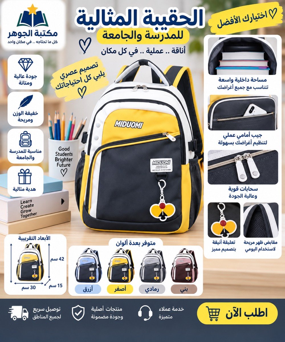 �✨ أناقة وترتيب بكل تفاصيلها! ✨🤍

إذا تبحثين عن حقيبة تجمع بين الشكل الأنيق والعملية… هاي الحقيبة تستاهل تكون اختيارك 💕👜

🤍 تصميم راقي ومميز
🎒 مساحة مناسبة لترتيب أغراضك
✨ جيوب متعددة لسهولة التنظيم
💎 تفاصيل مبطنة ولمسات أنيقة
👜 حقيبة جانبية منفصلة للاستخدام العملي
🎓 مناسبة للمدرسة، الجامعة والاستخدام اليومي

📏 الحجم: 42 × 30 × 15 سم تقريبًا

🌸 متوفرة بعدة ألوان لتختارين اللون اللي يناسب ذوقك!

🛍️ متوفرة الآن في مكتبة الجوهر
📩 للطلب والاستفسار: راسلونا على الخاص

🚚 توصيل لجميع محافظات العراق

🤍 مكتبة الجوهر — كل ما تحتاجه.. في مكان واحد

#مكتبة_الجوهر