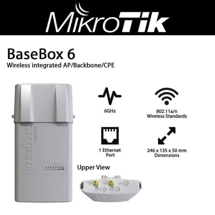 حل احترافي للاتصالات اللاسلكية الخارجية بتردد 6GHz
✔️ يعمل كنقطة وصول (AP) أو باك-بون أو CPE
✔️ منفذين RP-SMA لتوصيل هوائيات خارجية
✔️ منفذ توسعة MiniPCI-e
✔️ منفذ شبكة Gigabit Ethernet
✔️ يعمل بتقنية PoE
✔️ مقاوم للعوامل الجوية بمعيار IP54
✔️ مصمم للاستخدامات الخارجية والربط بعيد المدى

ملاحظة سعر جملة الجملة مع الضمان 

📌 ملاحظة: هذا الموديل جديد  بالكارتون  
 متوفر 912-تردد -6-  جديد بالكارتون سعر جملة الجملة  
MikroTik BaseBox- متوفر912-تردد 5
56v Mمتوفر ميموسيا مستخدم حرف 
متوفر محولات ميموسياالاصليةv56
متوفر sma وناعم خشن 

‏‎متوفر توصيل الى بغداد وجميع المحافظات 🚙🚗 
للاستفسار على الاسعار التواصل على لارقام      

‏‎‏‎📞 وتساب *********** 
‏‎‏‎📞اتصال فقط *********** 
للاستفسار على الاسعار التواصل على الواتساب

📲 رابط التواصل على واتساب مباشر
‏https://wa.me/9647711185615
‏اتصال فقط ***********

‏‎

نص مكتوب في الصور:
- MikroTik BaseBox 6 Wireless integrated AP/Backbone/CPE 6GHz 802.11a/n Wireless Standards 1 Ethernet Port 246 x 135 x 50 mm Dimensions Upper View