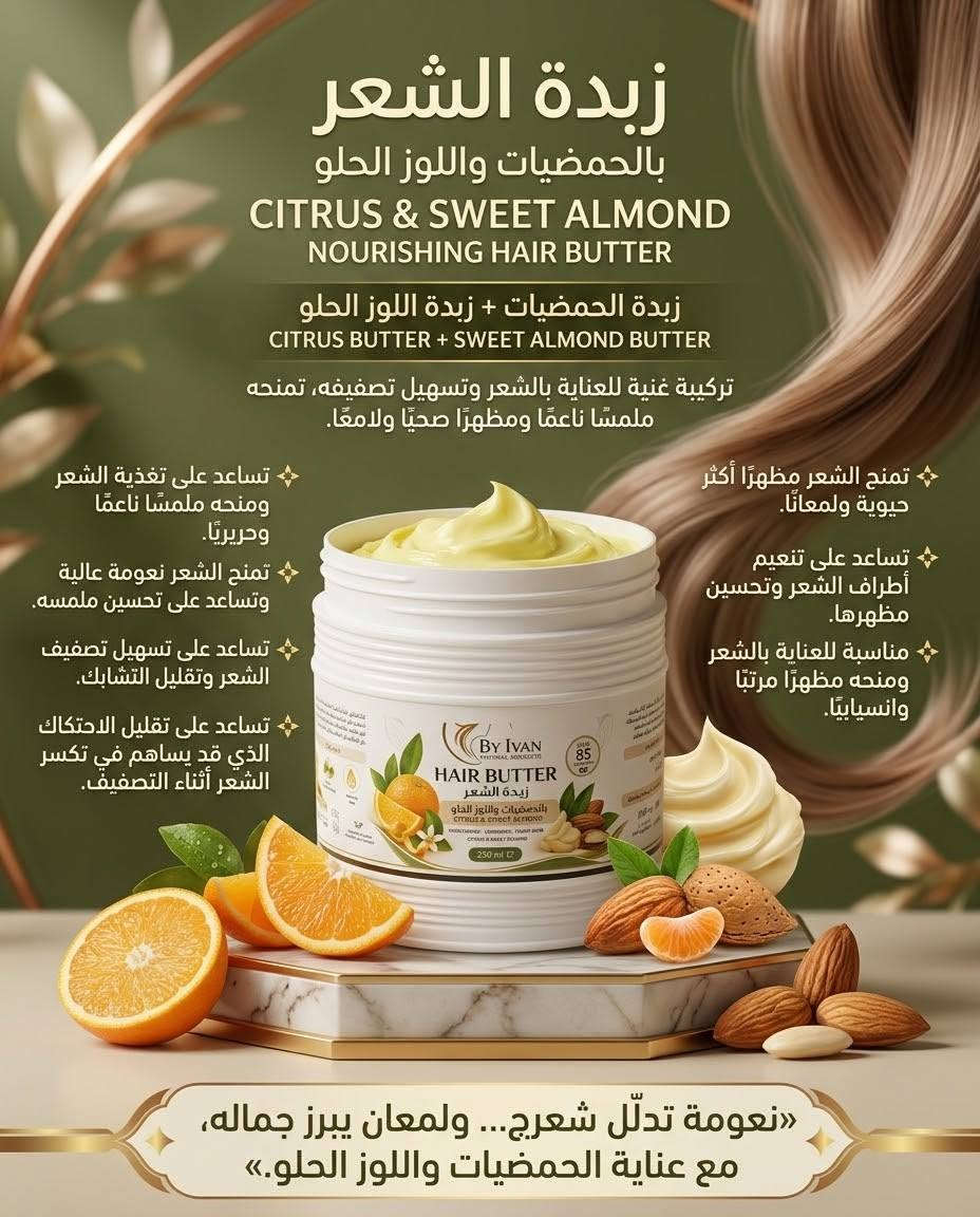 اللهم صلِّ وسلم على نبينا محمد ﷺ 🤍

🔥 عروض قوية من BY IVAN NATURAL PRODUCTS 🔥

حبايبنا، نزلنالكم عروض مميزة وأسعار قوية على مجموعة مختارة من منتجاتنا للعناية بالشعر والبشرة 🌿

📸 تفاصيل المنتجات مكتوبة بالصور، والأسعار موجودة تحت كل صورة.

⚠️ العروض تشمل المنتجات الموضحة فقط.

لا تفوتون الفرصة، اختاروا منتجاتكم المفضلة وراسلونا للطلب 🛍️💚
ملاحظة: كل المنتجات نفس الصور بدون اختلاف ❤️
BY IVAN NATURAL PRODUCTS

نص مكتوب في الصور:
- الجمال الطبيعي، العناية الفائقة
- يحتوي على:
- • بروتين الحرير الطبيعي
- • زبدات طبيعية
- • البانثينول - فيتامين B5
- معالج: يمنح الشعر قوة ولمعان
- طبيعي
- خال من البارابين
- سرّ شعرك اللامع
- HAIR CONDITIONER
- بلسم الشعر
- 300 ml
- كريم بديل الزيت بجوز الهند العضوي والمكاديميا ترطيب الشعر الجاف النعومة الحريرية السيطرة على الهيشان سهولة التصفيف النعومة الحريرية ودّعي مظهر الجفاف والهيشان... ودلّلي شعراج بنعومة ولمعان جوز الهند والمكاديميا.
- ماسك الكثيرا للشعر بالجوز الهند العضوي والفيتامينات المغذية KATHIRA + ORGANIC COCONUT NOURISHING HAIR MASK طريقة الاستخدام: 1. يُوزّع من الجذور حتى الأطراف. 2. يُترك على الشعر لمدة ساعتين. 3. يُغسل الشعر جيدًا بعد انتهاء المدة. تنعيم الشعر الترطيب والعناية تغذية الشعر تقليل التكسر دلّلي شعرج من الجذور للأطراف...
- BY IVAN NATURAL PRODUCTS زبدة الشعر بالشيا والأفوكادو SHEA & AVOCADO NOURISHING HAIR BUTTER تركيبة غنية للعناية بالشعر، تساعد على ترطيبه وتغذيته وحمايته من تأثيرات العوامل الخارجية، لتمنحه مظهرًا صحيًا وناعمًا ولامعًا. زبدة الشيا + الأفوكادو / SHEA BUTTER + AVOCADO BY IVAN HAIR BUTTER العناية بالشعر من المؤثرات الخارجية: تساعد على تقليل تأثير الجفاف والاحتكاك والعوامل البيئية التي قد تؤثر في مظهر الشعر وملمسه. ترطيب الشعر: تساعد على تنعيم الشعر والحد من الشعور بالجفاف والخشونة. تغذية الشعر: تمنح الشعر عناية غنية تساعد على تحسين ملمسه ومظهره. العناية بأطراف الشعر: تساعد على تحسين مظهر الأطراف الجافة والمتعبة وتقليل التكسر الناتج عن الاحتكاك والتصفيف. سهولة التصفيف: تساعد على جعل الشعر أكثر انسيابية ومرونة وأسهل في الترتيب. النعومة واللمعان: تساعد على منح الشعر ملمسًا حريريًا ومظهرًا أكثر حيوية ولمعانًا. تقليل التشابك: تساعد على تسهيل تصفيف الشعر وتقليل الاحتكاك أثناء التمشيط. مظهر صحي وحيوي: تمنح الشعر مظهرًا مرتبًا وناعمًا ولامعًا. - حماية وعناية من الطبيعة... دللي شعرج بغنى الشيا والأفوكادو... نعومة تغلف شعرج ولمعان يبرز جماله. لعناية تمنحه النعومة والحيوية.
- زبدة الشعر بالحمضيات واللوز الحلو CITRUS & SWEET ALMOND NOURISHING HAIR BUTTER زبدة الحمضيات + زبدة اللوز الحلو CITRUS BUTTER + SWEET ALMOND BUTTER تركيبة غنية للعناية بالشعر وتسهيل تصفيفه، تمنحه ملمسًا ناعمًا ومظهرًا صحيًا ولامعًا. تساعد على تغذية الشعر ومنحه ملمسًا ناعمًا وحريريًا. تمنح الشعر نعومة عالية وتساعد على تحسين ملمسه. تساعد على تسهيل تصفيف الشعر وتقليل التشابك. تساعد على تقليل الاحتكاك الذي قد يساهم في تكسر الشعر أثناء التصفيف. تمنح الشعر مظهرًا أكثر حيوية ولمعانًا. تساعد على تنعيم أطراف الشعر وتحسين مظهرها. مناسبة للعناية بالشعر ومنحه مظهرًا مرتبًا وانسيابيًا. «نعومة تدلّل شعرج... ولمعان يبرز جماله، مع عناية الحمضيات واللوز الحلو.»
- شامبو نواة التّمر للعناية بالشّعر الدّهني والمُختلط By Ivan DATE SEED + ALOE VERA + VITAMIN B5 مع خلاصات طبيعية مغذيّة للشعر يُساعد على تنظيف فروة الرأس من الدهون الزائدة والشوائب. يمنح الشعر إحساسا بالنظافة والانتعاش. يُساعد على ترطيب الشعر وتحسين ملمسه ونعومته. يدعم العناية بالشعر الصحي ويساعد على تقليل مظهر التقصف والتكسّر. عناية متكاملة للشعر الدهني والمختلط. نظافة وانتِعاش لفروة رأسِج... وعنايةٍ لشعرٍ أكثر حيويّةً ولمعانًا.
- Green Tea Extract: Helps balance sebum and purify skin. خلاصة الشاى الأخضر: يساعد علي توازن إفراز الدهون وتنقية البشرة. Zinc PCA: Helps reduce the appearance of large pores and control sebum. زنك بي سي إيه: زنك بي سي إيه: يساعد على تقليل مظهر المسامات الواسعة والتحكم في الدهون. Aloe Vera: Helps soothe and hydrate without oily shine. الصبار: يساعد على تهدئة البشرة وترطيبها بدون لمعان زيتي. Nourishing Vitamins: Helps nourish and maintain healthy radiance. فيتامينات مغذية: على تساعد على تساعد على تغذية البشرة والحفاظ على نضارتها الصحية. deep pore cleansing and size reduction تنظيف عميق للمسامات وتقليل مظهرها الواسع sebum regulation for balanced skin تنظيم وإعادة توازن الدهون calming and reduced shine تهدئة البشرة وتقليل اللمعان balanced hydration and vitamin nourishment ترطيب متوازن وتغذية مضاعفة for clear, smooth, and vibrant skin مظهر صافٍ وناعم ومفعم بالحيوية
- ميريدا... سر العناية بشعرك من الجذور
- سيروم مغذّ لدعم كثافة الشعر وحيويته
- MERIDA HAIR GROWTH & DENSITY SERUM
- 12 NOURISHING OILS + HAIR VITAMINS
- قوة الزيوت الطبيعية - 12 Nourishing Oils
- نعمومة وتغذية - Sweet Almond Oil
- ترطيب وعناية - Castor Oil
- عناية نباتية متكاملة - Sesame Oil
- عناية متكاملة لشعر الرأس واللحية
- تغذية وحيوية - Hair Vitamins
- عناية مركّزة من الجذور... لشعر أكثر كثافة وحيويّة
- تونر إنبات وكثافة الشعر والعناية بفروة الرأس
- Black Pepper Extract - عناية مركزة بالجذور
- Clove Extract - عناية نباتية بفروة
- Clove Extract
- Scalp Care - نظافة وانتعاظ
- Scalp Care
- Hair Density
- môôir katha - مظهر أكثر كثافة
- BLACK PEPPER EXTRACT + CLOVE EXTRACT