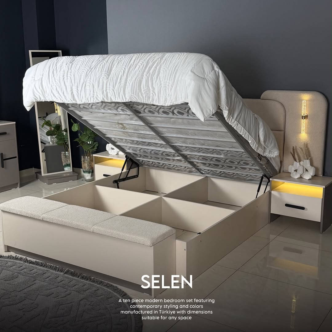 

نص مكتوب في الصور:
- SELEN A ten piece modern bedroom set featuring contemporary styling and colors manufactured in Türkiye with dimensions suitable for any space
- SELEN
- A ten piece modern bedroom set featuring
- contemporary styling and colors
- manufactured in Türkiye with dimensions
- suitable for any space
- A ten piece modern bedroom set featuring contemporary styling and colors manufactured in Türkiye with dimensions suitable for any space
