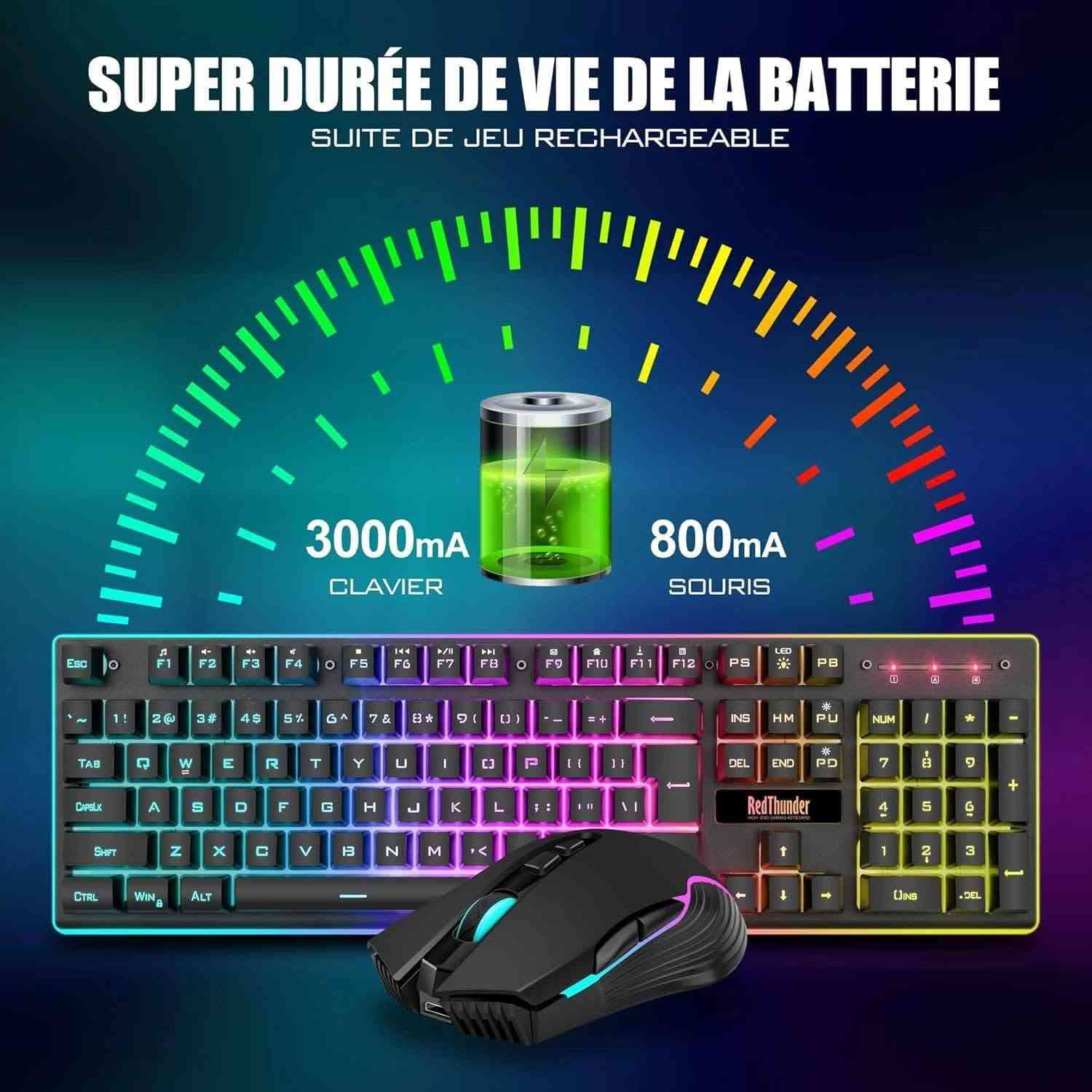 جدید شحن تایب سی لید RGB پتاریە کبیر ماوس کیورد

نص مكتوب في الصور:
- KIT SANS FIL RECHARGEABLE TROIS GROUPES D'EFFET DE LUMIÈRE ARC-EN-CIEL RAINBOW LED LIGHT USB CHARGING 2.4GHz WIRELESS CONNECT 19 KEYS NOT CONFLICT MECHANICAL FEELING
- SUPER DURÉE DE VIE DE LA BATTERIE SUITE DE JEU RECHARGEABLE 3000mA CLAVIER 800mA SOURIS
- 7° DESIGN ERGONOMIQUE SE CONSACRE À LA MEILLEURE EXPÉRIENCE RÉCEPTEUR USB