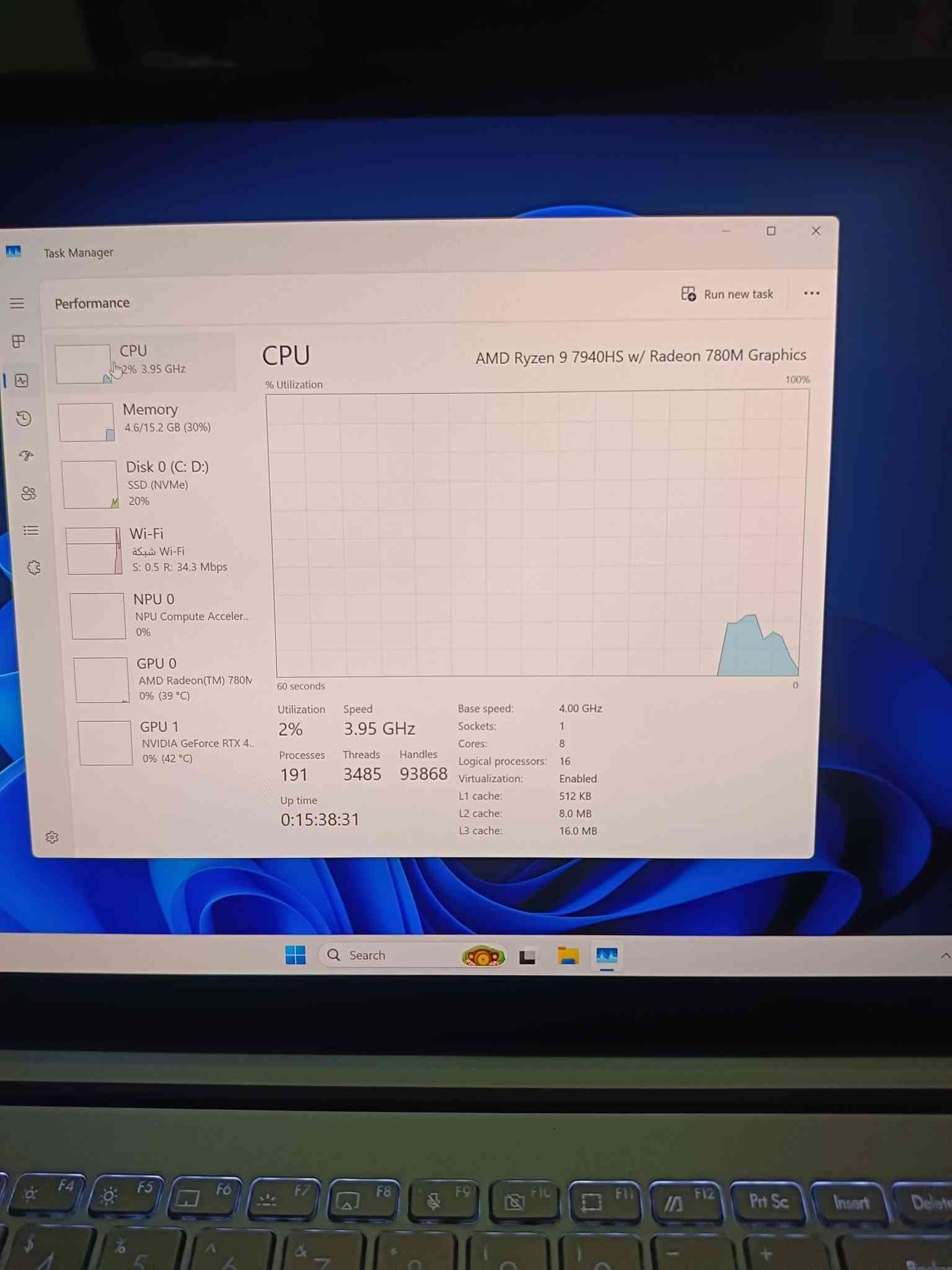 asus vivobook 15 pro
لابتوب متكامل من كل مواصفات كـ التالي
المعالج - Ryzen 9 7940HS
يكون مقارب لقوة انتل i9-13900H

كرت شاشة مدمج Radeon 780M
هذا كرت تكدر تشغل عليه العاب على جودة fhd  يكون مقارب لقوة RTX 2050
شاشة- 15.6 Oled 120hz 3k
مناسبة للمصممين تكون تشبع الوان عالي
كرت شاشة الخارجي- RTX 4050 6G
الرامات drr5 16G 
التخزين NVMe ssd 1tera
شريحة NPU لتشغيل ذكاء اصطناعي محلي 
لابتوب بنظافة عالية 
كامل ملحقات كارتونة وشاحنة 
السعر مليون و400 
مكان بغداد متوفر توصيل 
رقمي ***********

نص مكتوب في الصور:
- Task Manager
- Performance
- Run new task
- CPU
- 3% 2.97 GHz
- Memory
- 4.7/15.2 GB (31%)
- Disk 0 (C: D:)
- SSD (NVMe)
- 7%
- Wi-Fi
- شبكة Wi-Fi
- S: 0.2 R: 9.4 Mbps
- NPU 0
- NPU Compute Acceler..
- 0%
- GPU 0
- AMD Radeon(TM) 780M
- 0% (38 °C)
- GPU 1
- NVIDIA GeForce RTX 4..
- 0% (42 °C)
- GPU
- NVIDIA GeForce RTX 4050 Laptop GPU
- 3D
- 0% Copy
- Video Encode
- 0% Video Decode
- Dedicated GPU memory
- 6.0 GB
- Shared GPU memory
- 7.6 GB
- Utilization
- 0.0/6.0 GB
- Driver version:
- Driver date:
- DirectX version:
- 32.0.15.7700
- 7/14/2025
- 12 (FL 12.2)
- GPU Memory
- Physical location:
- PCI bus 1, device 0, fun...
- 0.0/13.6 GB
- 0.0/7.6 GB
- Hardware reserved memory: 223 MB
- Temperature
- Search
- ENG
- Task Manager Performance Run new task CPU AMD Ryzen 9 7940HS w/ Radeon 780M Graphics % Utilization 100% 60 seconds 0 Utilization Speed Base speed: 4.00 GHz 2% 3.95 GHz Sockets: 1 Cores: 8 Processes Threads Handles Logical processors: 16 191 3485 93868 Virtualization: Enabled L1 cache: 512 KB Up time L2 cache: 8.0 MB 0:15:38:31 L3 cache: 16.0 MB CPU 2% 3.95 GHz Memory 4.6/15.2 GB (30%) Disk 0 (C: D:) SSD (NVMe) 20% Wi-Fi Wi-Fi شبكة S: 0.5 R: 34.3 Mbps NPU 0 NPU Compute Acceler.. 0% GPU 0 AMD Radeon(TM) 780M 0% (39 °C) GPU 1 NVIDIA GeForce RTX 4.. 0% (42 °C) Search
- Find a setting System > Display > Advanced display Select a display to view or change its settings Display 1: Internal Display Display information Internal Display Display 1: Connected to AMD Radeon(TM) 780M Desktop mode 2880 x 1620, 120 Hz Active signal mode 2880 x 1620, 120 Hz Variable refresh rate Not Supported Bit depth 10-bit Color format RGB Color space Standard dynamic range (SDR) HDR certification VESA DisplayHDR Dolby Vision More about HDR certification Display adapter properties for Display 1 Choose a refresh rate A higher rate gives smoother motion, but also uses more power More about refresh rate 120 Hz Dynamic refresh rate To help save power, Windows adjusts the refresh rate up to the selected rate above Dynamic refresh rate isn't supported More about dynamic refresh rate Off Get help Search ENG