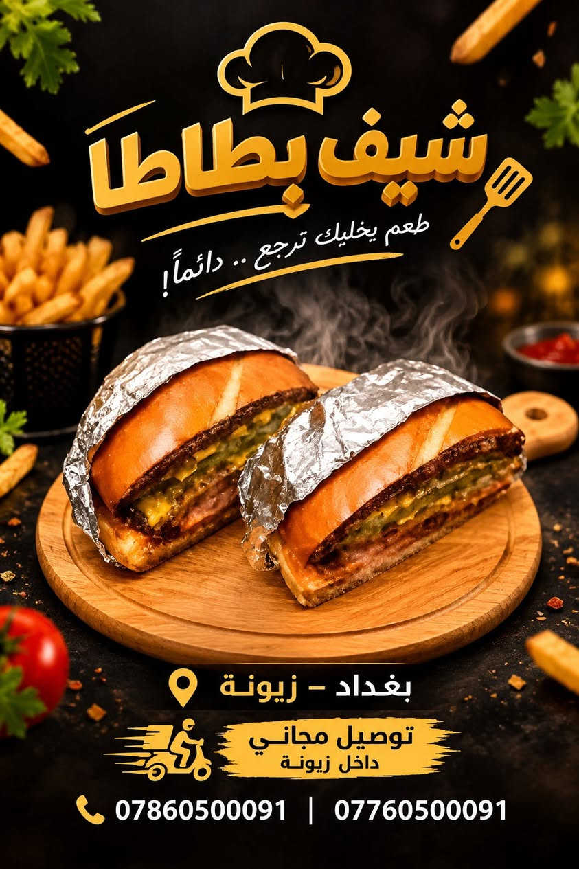 🍔🔥 الجوع إله حل… وشيف بطاطا هو الحل! 🍟🔥
من ألذ البرگر والبطاطا المقرمشة، إلى الوجبات السريعة اللي تخلي مزاجك غير 😋❤️
طعم غني، نكهة مميزة، ووجبة تنطبخ بحب حتى تستمتع بكل لقمة 🤤🔥
🍔 برگر شهي
🍟 بطاطا مقرمشة
🌯 وجبات سريعة متنوعة
🔥 طعم يستاهل التجربة
📍 بغداد – زيونة
🛵 توصيل مجاني داخل زيونة
📞 ***********
📞 ***********
شيف بطاطا… لقمتك إلها طعم ثاني 😍🔥
