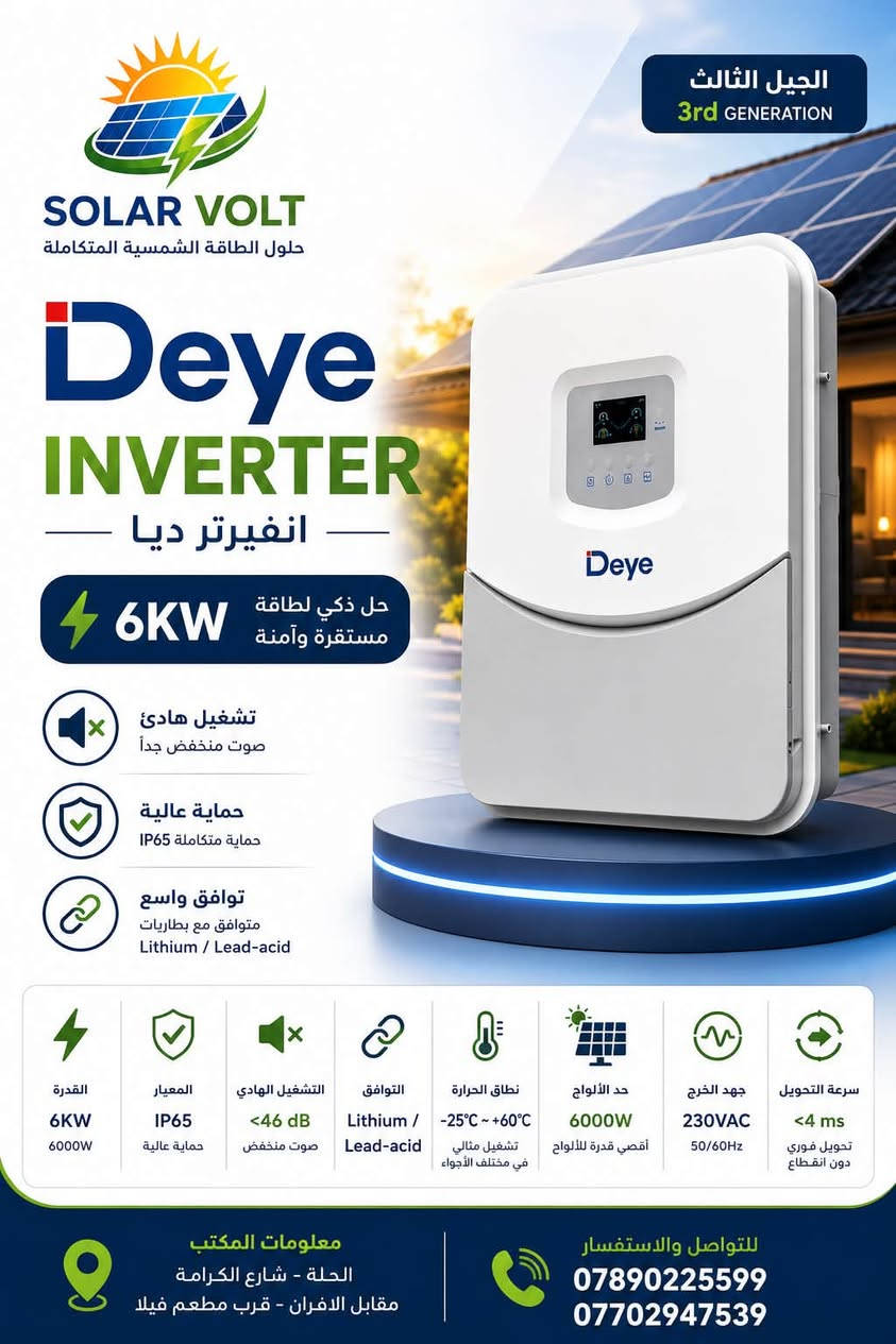 ⚡ يتوفر لدى سولر ڤولت للطاقة الشمسية نخبة من منتجات DEYE الأصلية ⚡
يسرنا أن نعلن عن توفر عدد من أحدث منتجات DEYE العالمية، والتي تتميز بالجودة العالية والكفاءة والاعتمادية لتلبية احتياجات أنظمة الطاقة الشمسية المنزلية والتجارية.

سولر ڤولت للطاقة الشمسيه-بابل

🔹 المنتجات المتوفرة

🔋 إنڤيرتر Deye Hybrid 12kW

🔋 إنڤيرتر Deye Hybrid 8kW

🔋 إنڤيرتر Deye Off-Grid 6kW

(الجيل الثالث – نسخة العراق 🇮🇶)

🔋 بطارية Deye Lithium 16kWh

🔋 بطارية Deye Lithium 5.12kWh

❄️ سبلت Deye الشمسي – طن ونصف

⸻

نبذة عن المنتجات

🔋 إنڤيرترات DEYE

حلول ذكية وعالية الكفاءة لأنظمة الطاقة الشمسية، تدعم بطاريات الليثيوم والرصاص، وتتميز بأداء مستقر، مع دعم أحدث تقنيات التحكم وإدارة الطاقة.

🔋 بطاريات DEYE LiFePO4

بطاريات ليثيوم بعمر افتراضي طويل، أكثر من 6000 دورة شحن، مزودة بنظام إدارة ذكي BMS لتوفير أعلى درجات الأمان والكفاءة.

❄️ سبلت DEYE الشمسي

مكيف شمسي طن ونصف يعمل بتقنية Inverter، يوفر تبريداً قوياً مع استهلاك منخفض للطاقة، ومصمم للعمل بكفاءة مع أنظمة الطاقة الشمسية.

⸻

لماذا سولر ڤولت؟

✅ منتجات أصلية بأعلى المواصفات.

✅ استشارات فنية من مهندسين مختصين.

✅ أسعار منافسة وخدمة ما بعد البيع.

✅ يتوفر توصيل إلى جميع محافظات العراق.

📍 سولر ڤولت للطاقة الشمسية

🏠 بابل – الحلة – حي الكرامة – مقابل الأفران الحجرية – قرب مطعم ڤيلا

📞***********
📞 ***********
