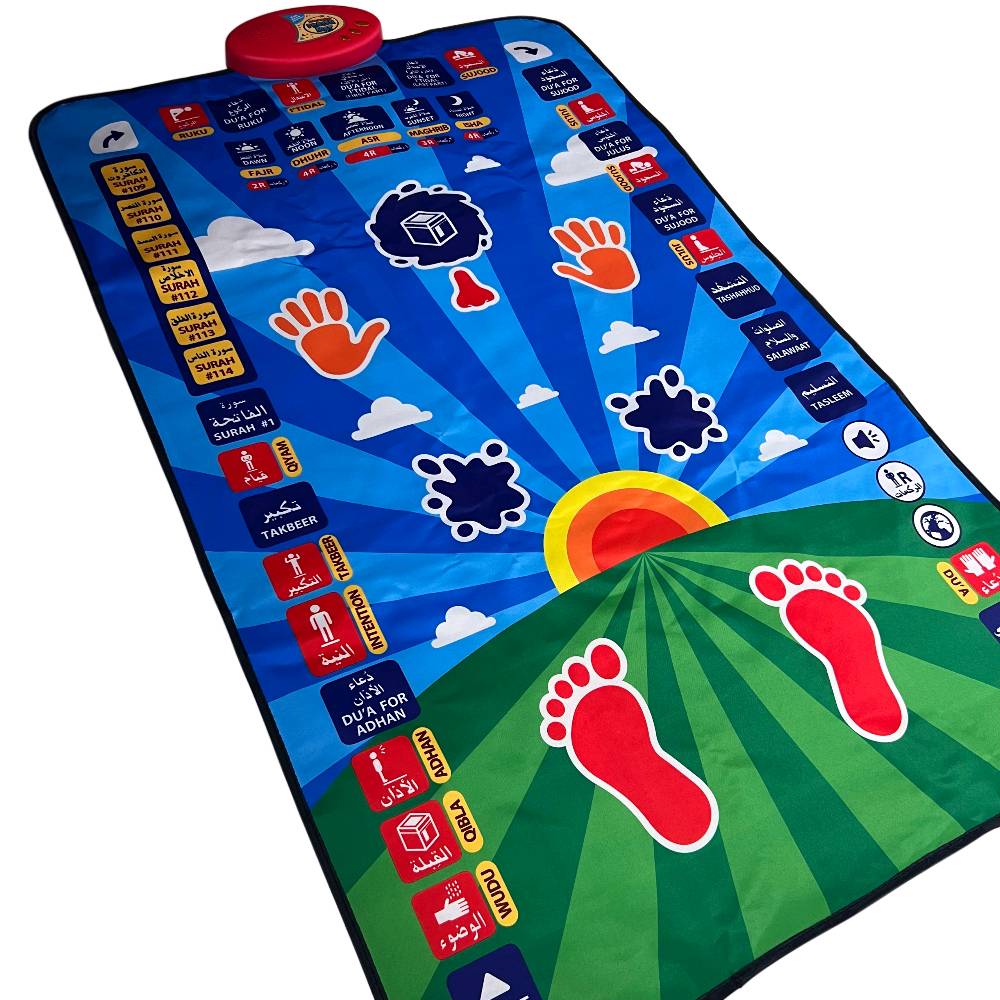 سجادة الصلاة التعليمية التفاعلية للأطفال – Educational Prayer Mat

• سجادة صلاة تعليمية تفاعلية تساعد الأطفال على تعلم الصلاة ومراحلها بطريقة سهلة وممتعة.

• تحتوي على 36 زر لمس حساس للتفاعل والتعلم.

• تدعم 7 لغات: العربية، الإنجليزية، الفرنسية، الأردية، الماليزية، التركية، والإندونيسية.

• تعليم الوضوء، الأذان، السور، الأدعية، أوقات الصلاة ووضعيات الصلاة

• مزودة بحساسات للرأس والأنف واليدين والركبتين والقدمين والساقين.

• مستوى صوت قابل للتعديل مع 3 درجات صوت.

• مقاومة للماء وقابلة للطي لسهولة الاستخدام والتخزين.

• نوع المنتج: Educational Prayer Mat
• عدد أزرار اللمس: 36 زر حساس
• عدد اللغات: 7 لغات
• مقاس السجادة: 114 × 73 سم
• وزن السجادة: 720 غرام
• مصدر الطاقة: 3 بطاريات AA
• مستويات الصوت: 3 مستويات
• مقاومة للماء
• قابلة للطي
• مادة مقاومة للحريق

محتويات العلبة:
• سجادة الصلاة التعليمية التفاعلية
• كتاب أنشطة الصلاة (Prayer Activity Book)
• علبة المنتج وتعليمات الاستخدام الموجودة معها