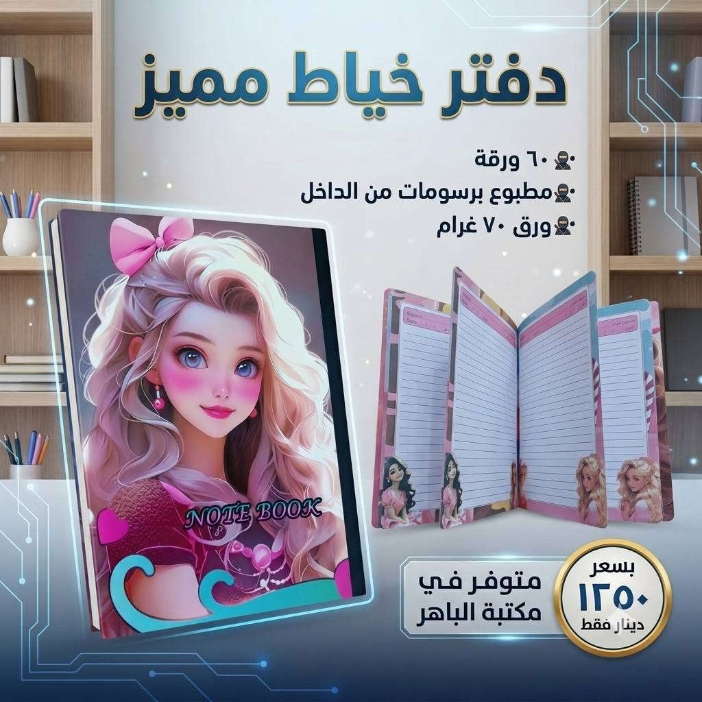 📚✨ دفتر خياط برسومات مميزة ✨📚
دفتر عملي وأنيق، مناسب للطلاب والاستخدام اليومي 💯
📝 ٦٠ ورقة
🎨 رسومات مطبوعة في الداخل
📄 ورق ٧٠ غرام
💰 السعر ١٢٥٠ دينار فقط
🔥 متوفر الآن في مكتبة الباهر
📍 العنوان: عنه – نهاية شارع الحضرة – قرب جامع النور
📲 للطلب والاستفسار:
***********
***********
🚚 التوصيل متوفر:
داخل قضاء عنه ١٠٠٠ دينار فقط
جميع المحافظات ٥٠٠٠ دينار فقط
