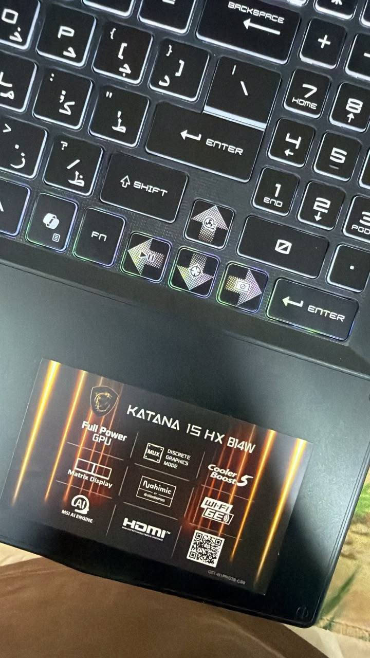 🔥 **وحش الألعاب وصل! RTX 5060 + معالج Intel Core i7 HX من الجيل 14!** 🔥

💻 **MSI Katana 15 – RTX 5060**

⚡ جهاز أوبن بوكس بحالة الكالجديد تماماً، مع الكارتون وجميع الملحقات الأصلية! 📦✨

━━━━━━━━━━━━━━━

🔴 **المواصفات التقنية:**

✔️ **المعالج:** Intel Core i7-14650HX – الجيل 14، فئة HX للأداء العالي 🔥

✔️ **كرت الشاشة:**
8GB Ddr7 ( 115w )
 NVIDIA GeForce RTX 5060 – أداء قوي للألعاب والتصميم والمونتاج 🎮

✔️ **الرام:** 16GB DDR5 بسرعة 5600MHz ⚡

✔️ **التخزين:** 512GB SSD NVMe فائق السرعة 🚀

✔️ **الشاشة:** 15.6 بوصة بمعدل تحديث 165Hz لتجربة ألعاب سلسة 🖥️

✔️ **لوحة المفاتيح:** Gaming Keyboard بإضاءة RGB مميزة 🌈

✔️ **الحالة:** Open Box – كالجديد تماماً ✨

✔️ **الملحقات:** كارتون الجهاز وجميع الأغراض والملحقات 📦

━━━━━━━━━━━━━━━

💰 **السعر: 1,800,000 دينار عراقي فقط** 🔥

🎁 **تجهيزات وملحقات كاملة مع الجهاز!**
📦 كارتون أصلي + جميع الأغراض
🛡️ ضمان شهر استخدام حقيقي 

━━━━━━━━━━━━━━━
📩 **لا تفوّت فرصة امتلاك أحد أجهزة MSI القوية!**

📞 للاستفسار والحجز، راسلنا على الخاص الآن.

#MSI #MSIKatana15 #RTX5060 #GamingLaptop #LaptopIraq #لابتوبات_العراق #لابتوب_قيمنك #JustenAlbert

نص مكتوب في الصور:
- النظام > حول
- Q العثور على إعداد
- مساحة التخزين
- 477 GB
- بطاقة الرسومات
- 8 GB
- ذاكرة RAM المثبتة
- ١٦,٠ غيغابايت
- السرعة: ٥١٠٠ MT/s
- المعالج
- Intel(R) Core(TM)
- i7-14650HX
- 2.20 GHz
- تم استخدام ٦٧ GB من ٤٧٧ GB
- تم تثبيت عدة وحدات GPUs
- WIN-C2ANEVBHN6Q
- Katana 15 HX B14WFK
- إعادة تسمية هذا الكم
- مواصفات الجهاز
- اسم الجهاز
- Intel(R) Core(TM) i7-14650HX (2.20 GHz)
- ١٦,٠ غيغابايت (١٥,٧ غيغابايت مستخدمة) ذاكرة RAM المثبتة
- مُعَرّف الجهاز
- مُعَرّف المنتج
- نوع النظام
- 7D0F12DF-1FB0-4D29-9A39-0A2C1D29AF2C
- 00326-30000-00001-AA697
- نظام تشغيل بإصدار ٦٤ بت، ومعالج يستند إلى x64
- لا يتوفر إدخال باللمس أو بالقلم لجهاز العرض هذا القلم واللمس
- إعدادات النظام المتقدمة حماية النظام المجال أو قاعدة المعارف ارتباطات ذات صلة
- مواصفات Windows
- Windows 11 Home
- الإصدار
- Q بحث
- msi
