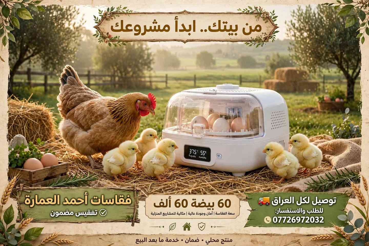 #عرض
 بسم الله الرحمن الرحيم
> مشروعك يبدأ من بيتك 🐔
> تريد تربي دجاج؟ تريد مشروع مربح وانت بالبيت؟
> جبنالكم الحل: فقاسات أحمد الأصلية 
> 📦 المواصفات:
> - سعة 60 بيضة دجاج (تكفي بط ووز ودجاج)
> - هيكل فلين قوي يحافظ على الحرارة
> - شاشة رقمية لقياس الحرارة والرطوبة
> - نسبة تفقيس مجربة 95% - 98% مثل ما شفتو بالفيديو 👇
> 🎁 الهدايا:
> توصيل مجاني لكل محافظات العراق + ضمان حقيقي + تعليم طريقة التشغيل من الألف للياء
> 💰 السعر: 60 ألف دينار فقط بدل 75 ألف - عرض لفترة محدودة
> 📞 ***********
> #فقاسات #دواجن #مشاريع_ #منزليه

نص مكتوب في الصور:
- من بيتك.. ابدأ مشروعك فقاسات أحمد العمارة فقس مضمون 60 بيضة 60 ألف سعة الفقاسة | أمان وجودة عالية | مثالية للمشاريع المنزلية توصيل لكل العراق للطلب والاستفسار: *********** منتج محلي • ضمان • خدمة ما بعد البيع