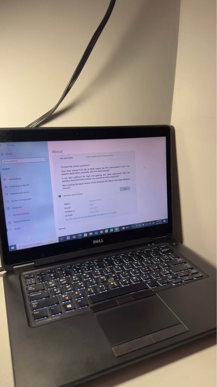 💻 لابتوب ديل عملية وممتازة للدراسة والتصفح والعمل مكتبي 💻  
📍 الموقع: بغداد، الغزالية  
المواصفات:
 الموديل: Dell Latitude E7450  
 المعالج: Intel Core i7-5600U  
 الذاكرة العشوائية (RAM): 8 جيجابايت DDR3  
 التخزين: SSD سعة 256 جيجابايت (سريع جداً في الإقلاع والفتح)  
 الشاشة: 14 بوصة تدعم اللمس (Touch Screen)  
 كرت الشاشة: Intel HD Graphics 5500  
 النظام: ويندوز 10 بروفيشينال مفّعل  
 الحالة: مستعمل  
⚠️ ملاحظة: البطارية ضعيفة وتحتاج تبديل (الجهاز يشتغل بكامل أداءه وسرعته عند ربطه بالشاحن مباشرة).  
💰 السعر: 150

للتواصل خاص
او على الرقم
*********** بغداد, العراق

نص مكتوب في الصور:
- About Processor Intel(R) Core(TM) i7-5600U CPU @ 2.60GHz 2.59 GHz Installed RAM 8.00 GB (7.88 GB usable) Graphics Card Intel(R) HD Graphics 5500 (128 MB) Storage 238 GB SSD SAMSUNG SSD PM871 mSATA 256GB Device ID B444F7F7-FCD3-42FE-A421-46753C9F5410 Product ID 00330-80000-00000-AA661 System Type 64-bit operating system, x64-based processor Pen and touch Touch support with 10 touch points Frequently asked questions How does having 8-16 GB of RAM impact my PC's performance? Can I run modern applications smoothly with this RAM capacity? Is my GPU sufficient for high end gaming and video experience? How can having a dedicated GPU enhance my experience and productivity? Am I running the latest version of the Windows OS? What is the latest Windows version? Windows Specifications Edition Windows 10 Pro Version 22H2
- About Your PC is monitored and protected. See details in Windows Security Related settings Change product key or upgrade your edition of Windows Read the Microsoft Software License Terms BitLocker settings Device Manager Remote desktop System protection Advanced system settings Rename this PC (advanced) Installed RAM 8.00 GB Processor Intel(R) Core(TM) i7-5600U CPU @ 2.60GHz Graphics Card 128 MB Storage 238 GB DDR3 2.59 GHz Intel(R) HD Graphics 5500 49 GB of 238 GB used Rename this PC DESKTOP-BCRTF2L Latitude E7450 Copy Help from the web Finding out how many cores my processor has Checking multiple Languages support Checking multiple Languages support Device Specifications Device Name DESKTOP-BCRTF2L Processor Intel(R) Core(TM) i7-5600U CPU @ 2.60GHz 2.59 GHz Installed RAM 8.00 GB (7.88 GB usable) Graphics Card 40°C 4:38 PM 9/27/2025