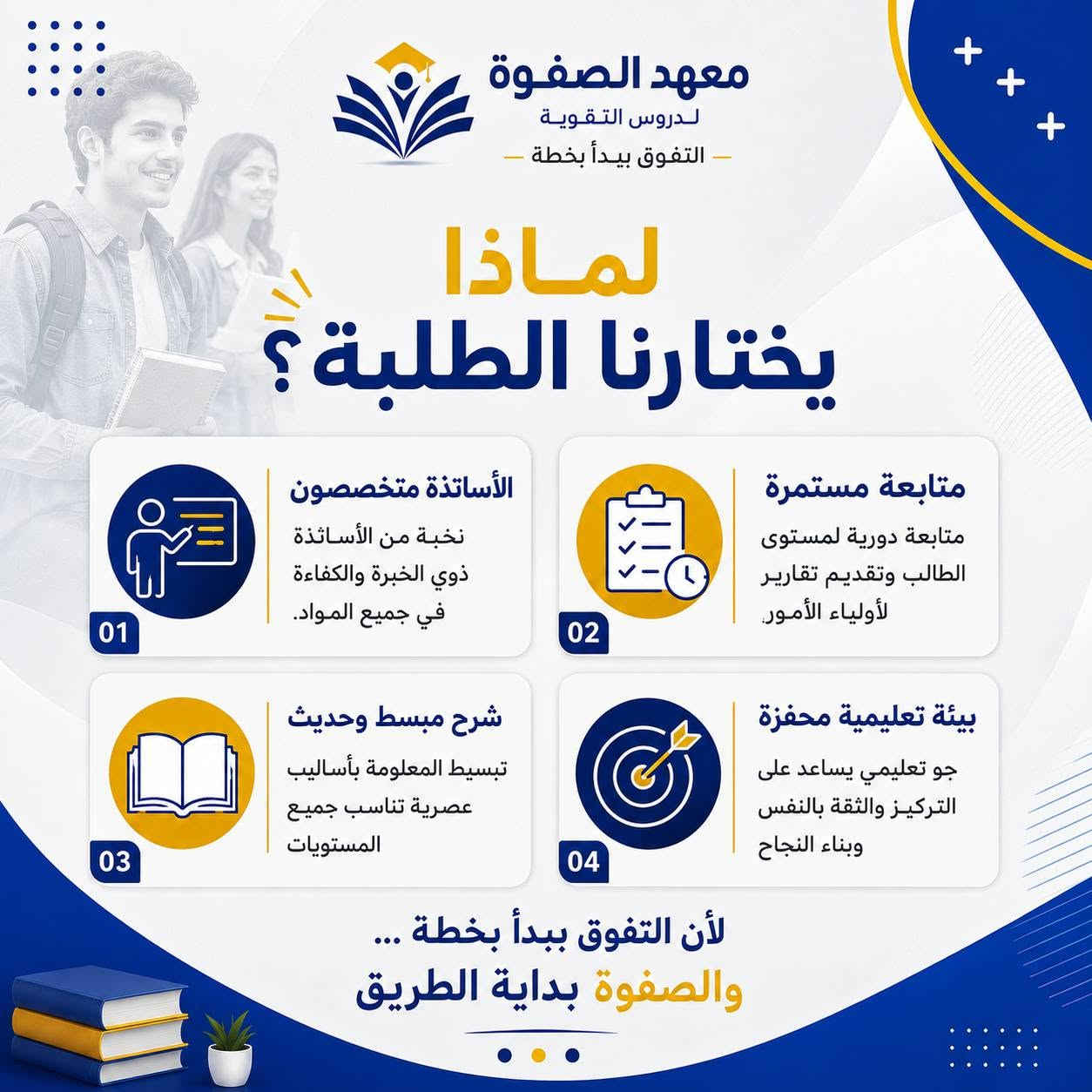 📚 فتح باب التسجيل للعام الدراسي 2026 - 2027
في معهد الصفوة لدروس التقوية نؤمن أن التفوق يبدأ بخطة، لذلك وفرنا بيئة تعليمية متكاملة تساعد الطلبة على تحقيق أفضل النتائج بإشراف نخبة من الأساتذة المتخصصين.
✨ ماذا يميزنا؟ ✔️ أساتذة متخصصون وذوو خبرة. ✔️ متابعة مستمرة لمستوى الطالب. ✔️ شرح مبسط بأساليب حديثة. ✔️ بيئة تعليمية محفزة على النجاح.
📍 العنوان: بغداد - الزعفرانية - بداية شارع الكهرباء.
📞 للتسجيل والاستفسار: ***********
📩 راسلنا عبر الصفحة، وسنكون سعداء بالإجابة عن جميع استفساراتكم.
معهد الصفوة لدروس التقوية نبني المعرفة.. ونصنع النجاح.
#معهد_الصفوة #دروس_تقوية #بغداد #الزعفرانية #التعليم #طلاب_العراق #السادس_الإعدادي #الثالث_المتوسط #النجاح #التفوق
