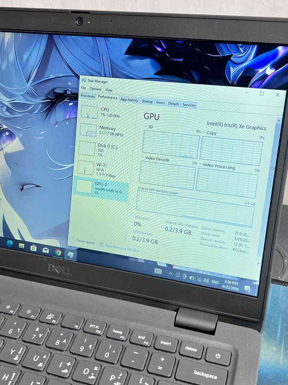 🎓💻 طلاب الجامعات… لابتوب عملي للدراسة والترفيه وبسعر مميز! 🔥

💻 Dell Latitude 3420 – الجيل الحادي عشر

لابتوب أنيق وعملي، مناسب للدراسة والبحوث، برامج Adobe، والبرامج الهندسية مثل AutoCAD وغيرها، بالإضافة إلى إمكانية تشغيل الألعاب الخفيفة وبعض الألعاب التنافسية بإعدادات مناسبة 🎮🔥

✨ نظافة عالية جداً

⚡ المواصفات:
🔹 المعالج: Intel Core i5-1145G5 – الجيل 11
🔹 كرت الشاشة: Intel Iris Xe Graphics
🔹 الرام: 8GB DDR4
🔹 التخزين: 256GB SSD M.2 NVMe 🚀
🔹 الشاشة: 14 إنچ HD+
🔹 شاحن أصلي 🔌

🎁 ملحقاته كاملة:
🖱️ ماوس
🖱️ ماوس باد
🎒 حقيبة خاصة
🔌 الشاحن الأصلي

💰 السعر: 365,000 دينار فقط 🩵

🛡️ ضمان 10 أيام للاستبدال في حال وجود أي خلل أو مشكلة.

🔍 الاستلام بعد الفحص والتأكد من جميع التفاصيل.

🚚 يتوفر توصيل لجميع محافظات العراق 🇮🇶

📱 للاستفسار والطلب:
واتساب: ***********

🔥 جهاز عملي للدراسة، العمل والترفيه — والكمية محدودة!

نص مكتوب في الصور:
- Task Manager File Options View Processes Performance App history Startup Users Details Services CPU 1% 1.20 GHz Memory 3.1/7.7 GB (40%) Disk 0 (C:) SSD 1% Wi-Fi Wi-Fi S: 0 R: 0 Kbps GPU 0 Intel(R) Iris(R) Xe G... 0% GPU Intel(R) Iris(R) Xe Graphics 3D 0% Copy 0% Video Decode 0% Video Processing 0% Shared GPU memory usage 3.9 GB Utilization 0% GPU Memory 0.2/3.9 GB Shared GPU memory 0.2/3.9 GB Driver version: 31.0.10... Driver date: 5/29/20... DirectX version: 12 (FL 1... Physical location: PCI bus... Fewer details Open Resource Monitor DELL ENG 3:36 PM 6/22/2026