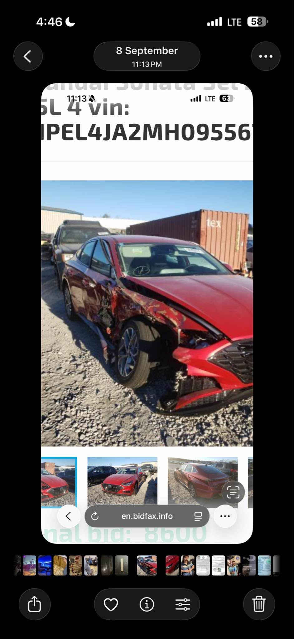 لسلام عليكم 
سوناتا ٢٠٢١ اربيل محرك ٤ سلندر ٢٥٠٠ ماشيه ٩٠ الف تخم تاير جديد مابيها اي نقص رقم شاصي موجود بالصور حادثها بدون لا لغد و لا شاصي صبغ ٤ قطع ( بنيد جاملغ بابتين جهة الراكب ) بدون ايرباك لا ستيرن و لا دشبول و سياره جديده 
مكانها بغداد العامريه 
السعر ١٢٨٠٠ ومجال بسيط جدا رجاءا الشراي يتصل فقط 
الهاتف 
*********** بغداد, العراق

نص مكتوب في الصور:
- 5L 4 vin: 5PEL4JA2MH09556 en.bidfax.info nal bid: 8600