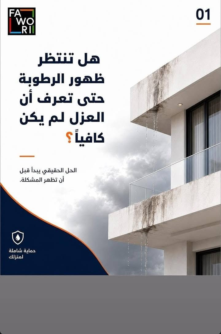 💧 المشكلة مو من المطر… المشكلة بالعزل الضعيف!
إذا تريد تحمي بيتك من الرطوبة وتسربات المي، اختار العزل الصح من البداية 👌
🛡️ فاوري إيلافلي سو-ساف SU-SAV
عازل مائي أكريليك مرن ومدعّم بالألياف، جاهز للاستخدام ويساعد على حماية الأسطح من تسرب المياه، مع قدرة عالية على تغطية الأسطح ومقاومة التشققات. �
✅ مناسب للأسطح والسطوح
✅ الأسطح والبلوك والخرسانة
✅ الحمامات والمطابخ
✅ الشرفات والتراسات
✅ الخزانات ومناطق الرطوبة
✅ قابل للتطبيق بالفرشاة أو الرول أو الرش حسب طريقة العمل المناسبة. �
🔥 لا تنتظر الرطوبة تبين حتى تعالجها… اعزل من هسه!
📍 وكالة فاوري المسيب
المسيب – حي المعلمين – مقابل المصرف الزراعي
📞 ***********
📞 ***********
🚚 يتوفر توصيل إلى كافة المحافظات العراقية
**فاوري… العزل الصح يبدأ من اختيارك.**
