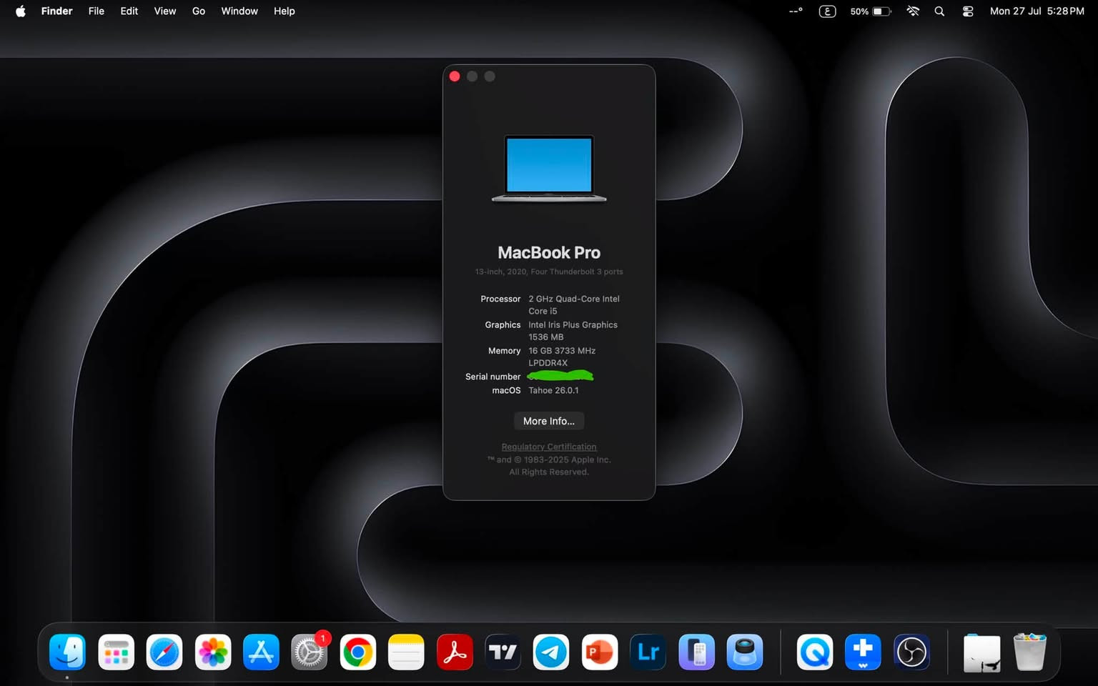 Macbook Pro 2020

i5 أخر جيل انتل للماك
Ram 16GB الرام
512GB
Cycle 310 
13” screen 

نسخة تاج بار ( لوحة لمس )
نظافة 98%
للبيع بسعر 750 وبي مجال للشراي
يتوفر توصيل 🚚 
استفسار اسرع ***********
